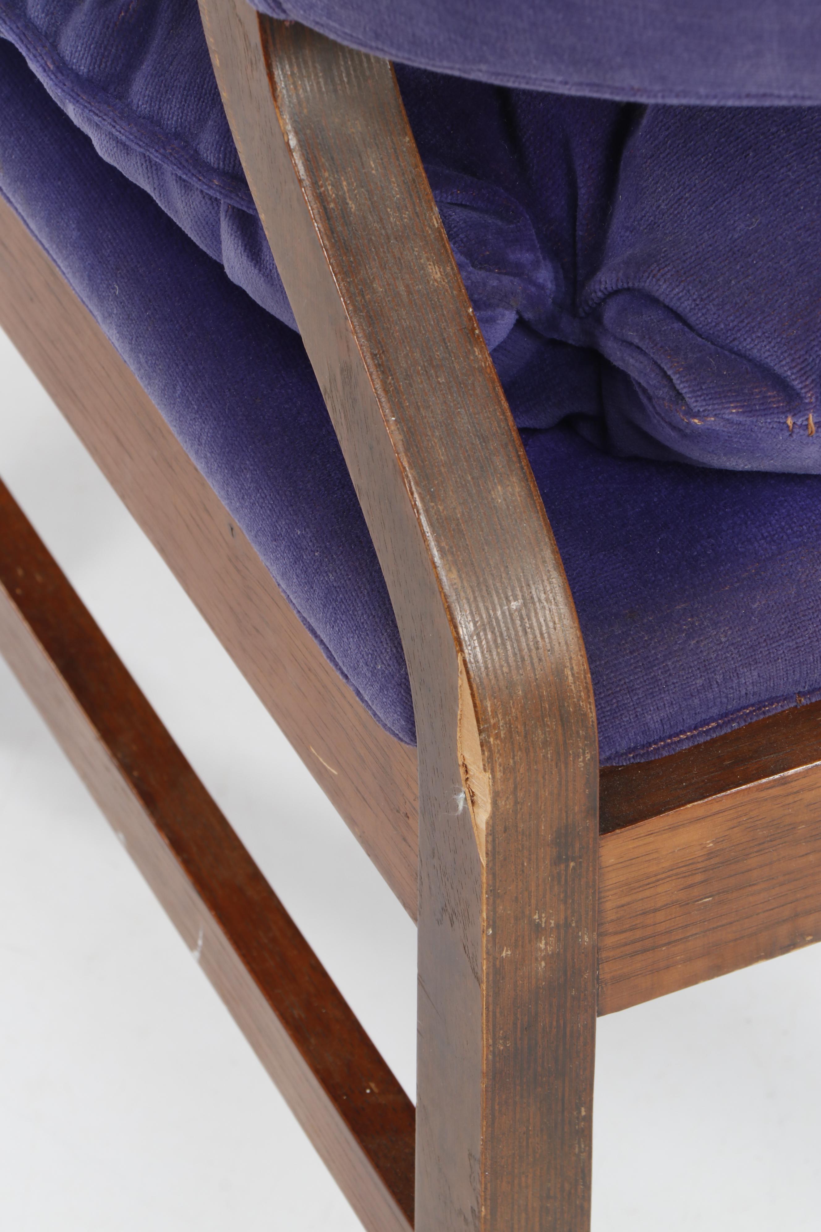 Mid Century Modern Glass Top Table and Purple Velvet Chairs on Casters