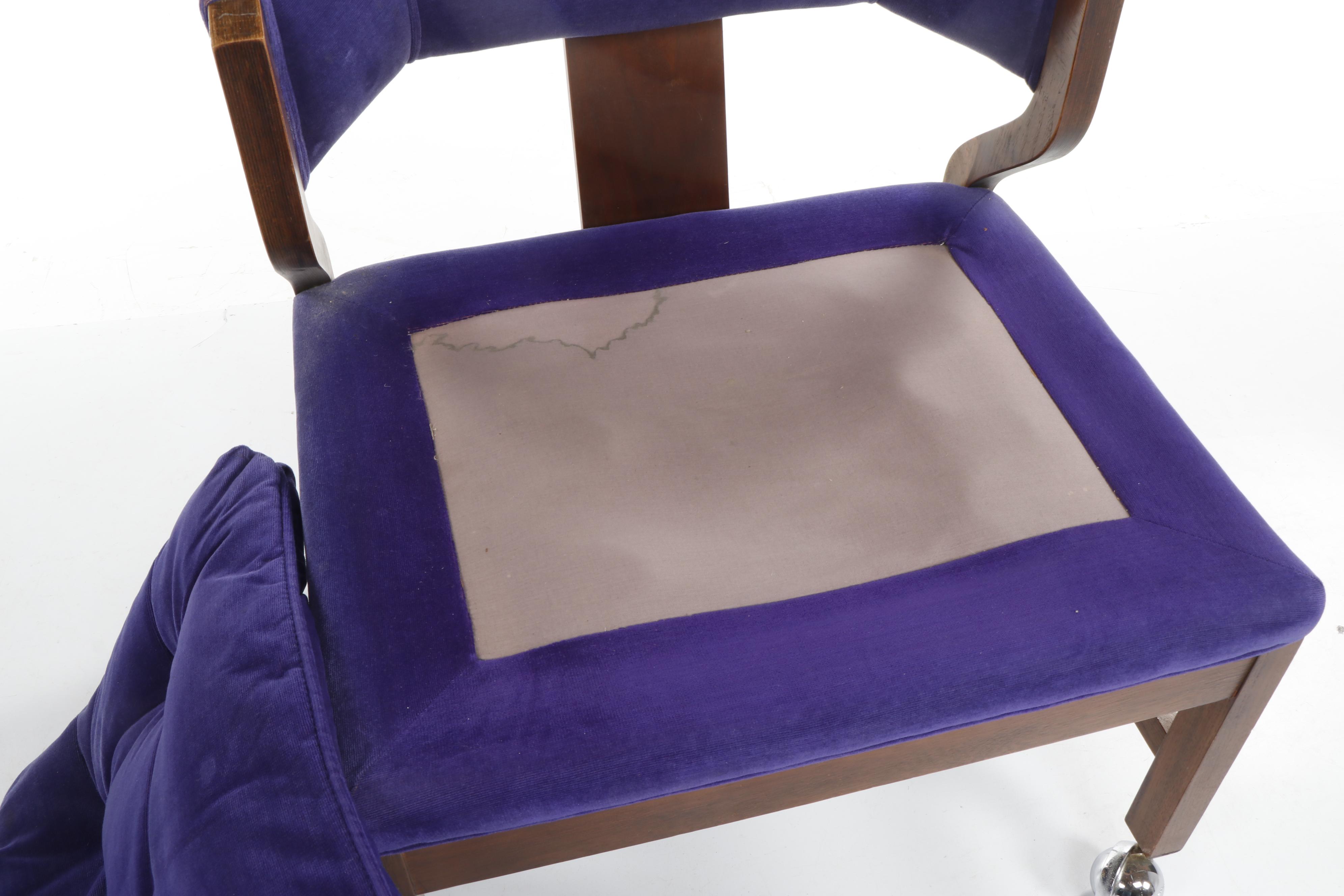 Mid Century Modern Glass Top Table and Purple Velvet Chairs on Casters