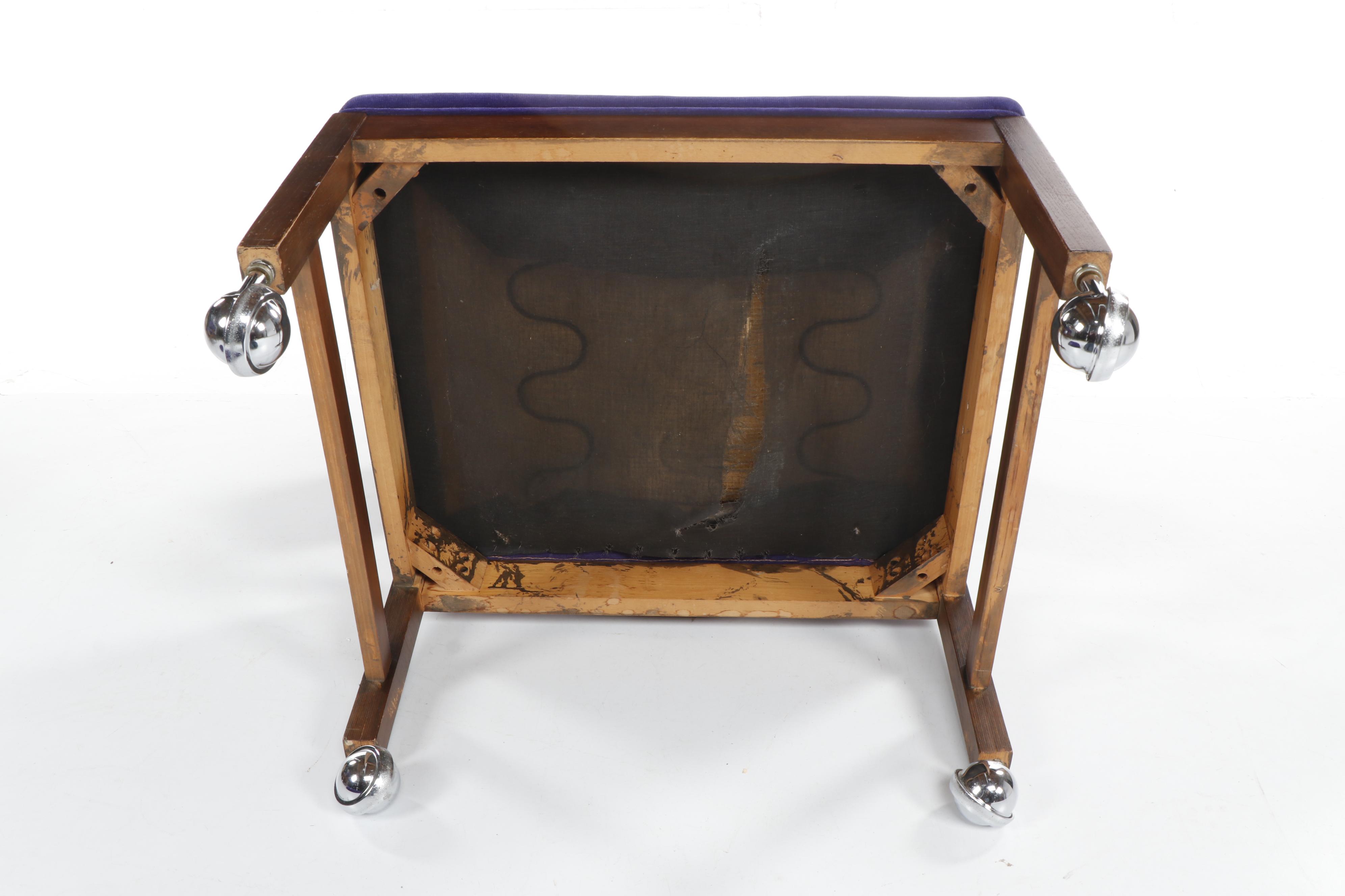 Mid Century Modern Glass Top Table and Purple Velvet Chairs on Casters