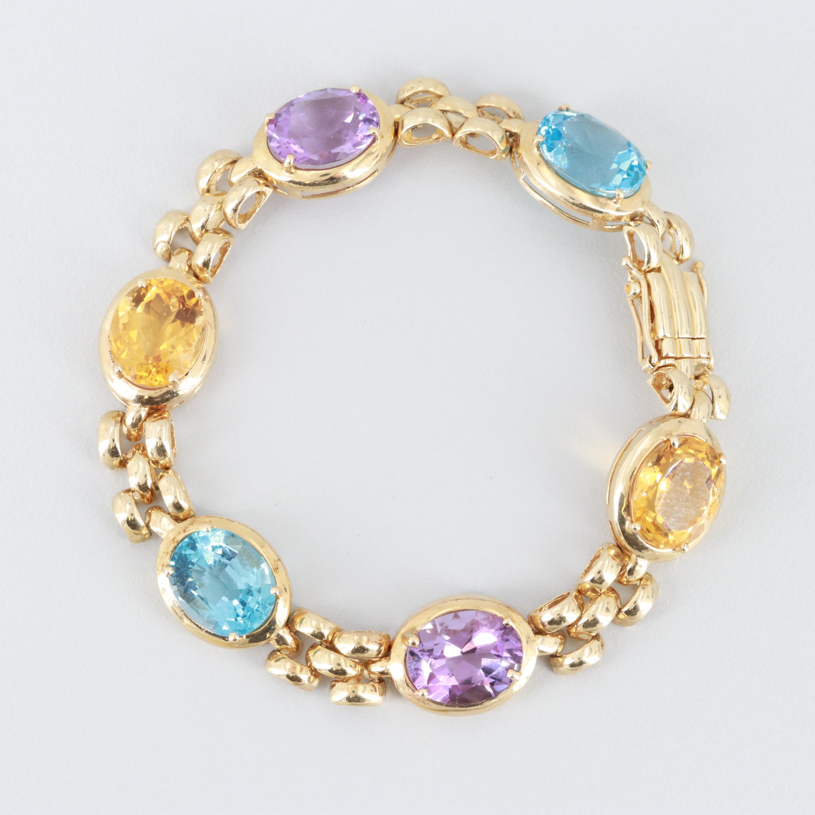 14K Yellow Gold Amethyst, Blue Topaz and Citrine Bracelet