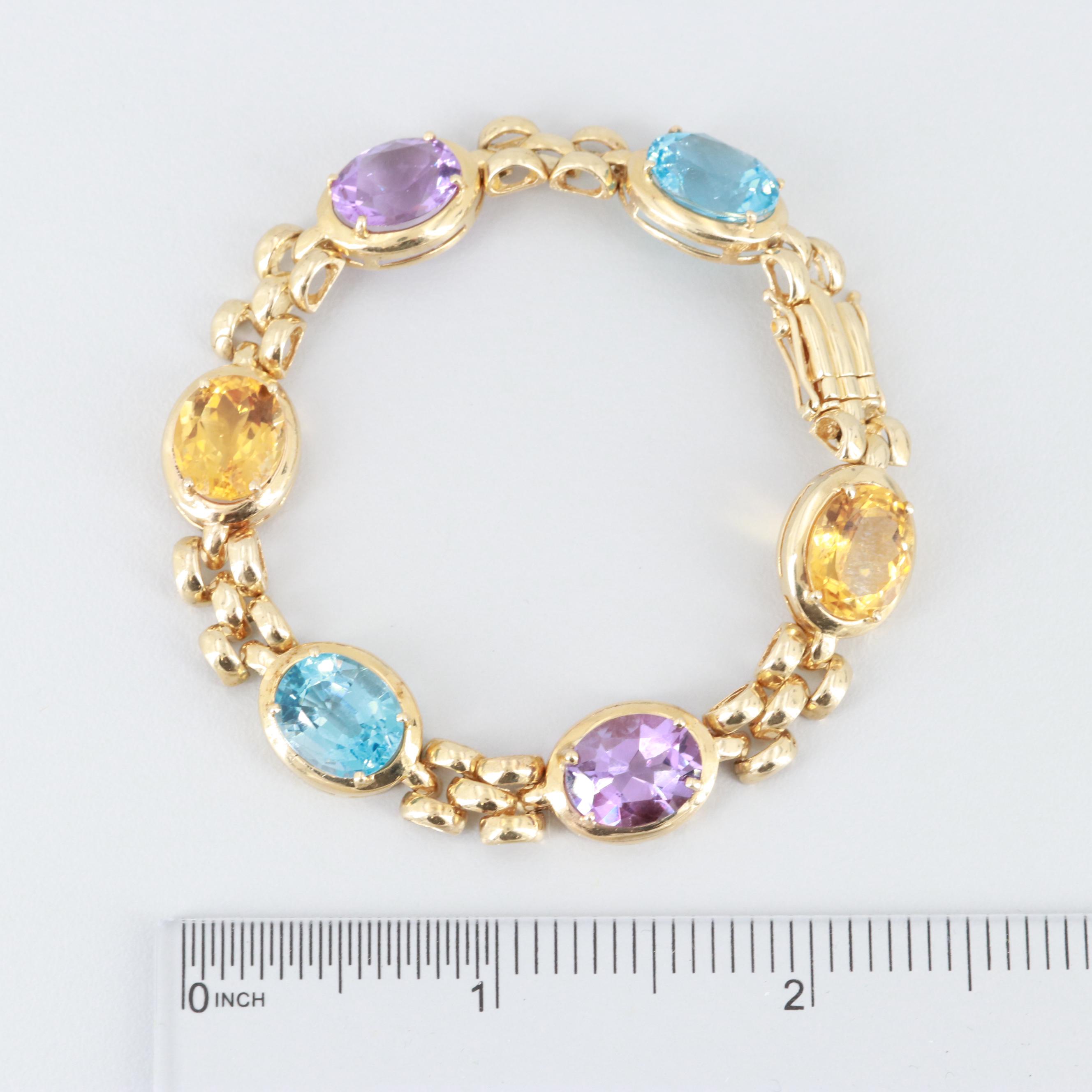 14K Yellow Gold Amethyst, Blue Topaz and Citrine Bracelet