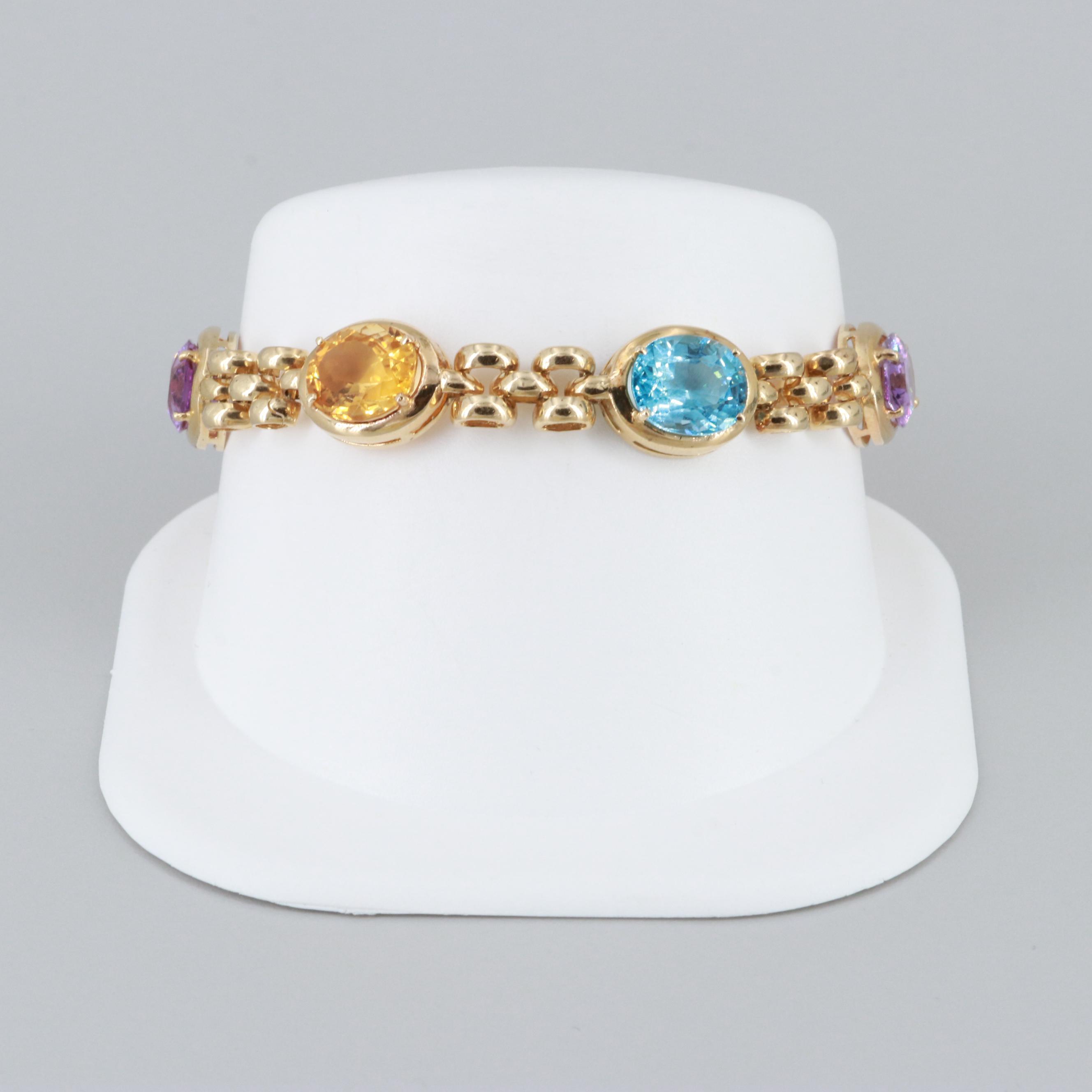 14K Yellow Gold Amethyst, Blue Topaz and Citrine Bracelet