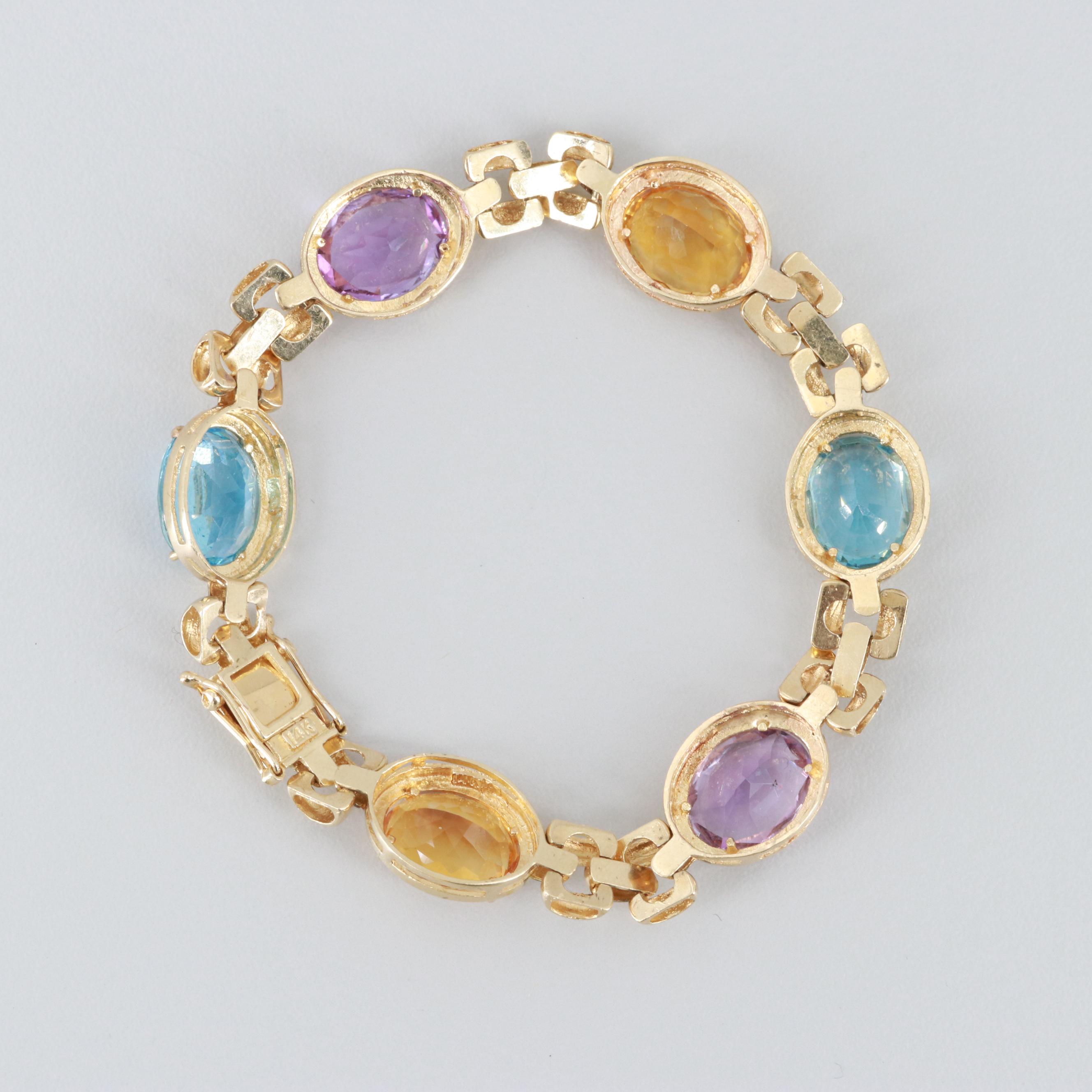 14K Yellow Gold Amethyst, Blue Topaz and Citrine Bracelet