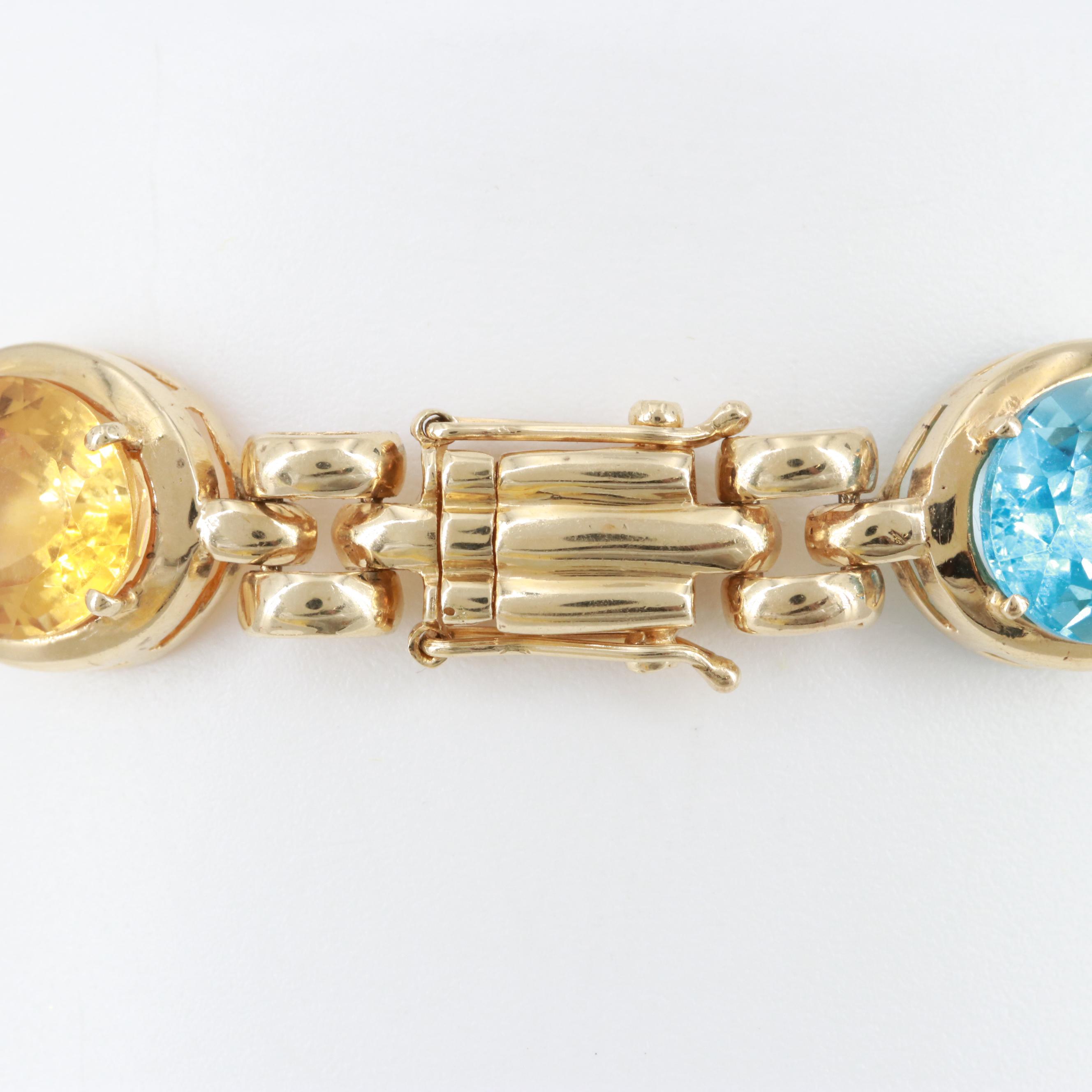 14K Yellow Gold Amethyst, Blue Topaz and Citrine Bracelet