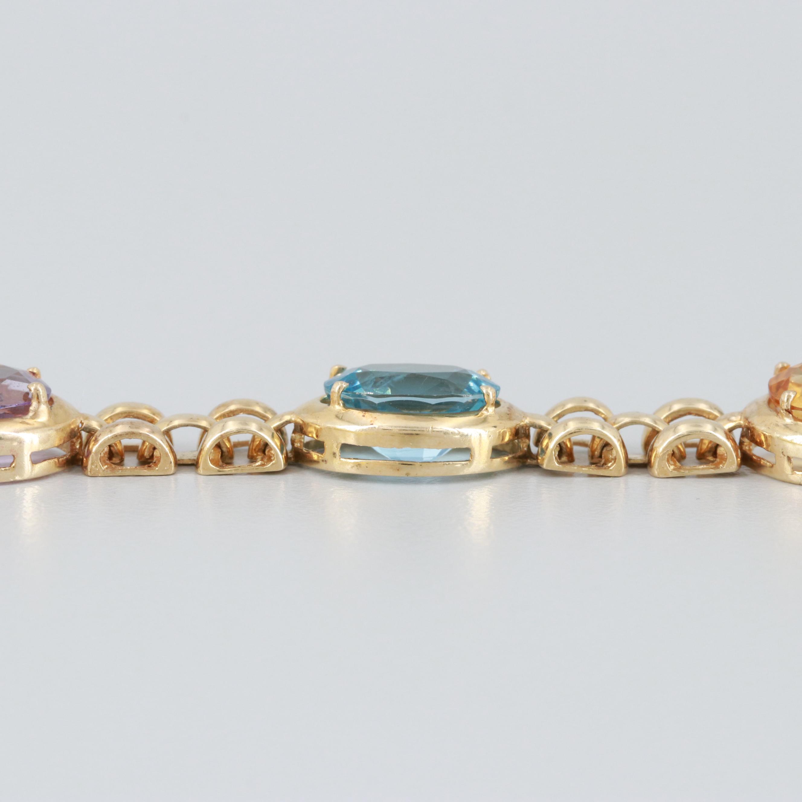 14K Yellow Gold Amethyst, Blue Topaz and Citrine Bracelet