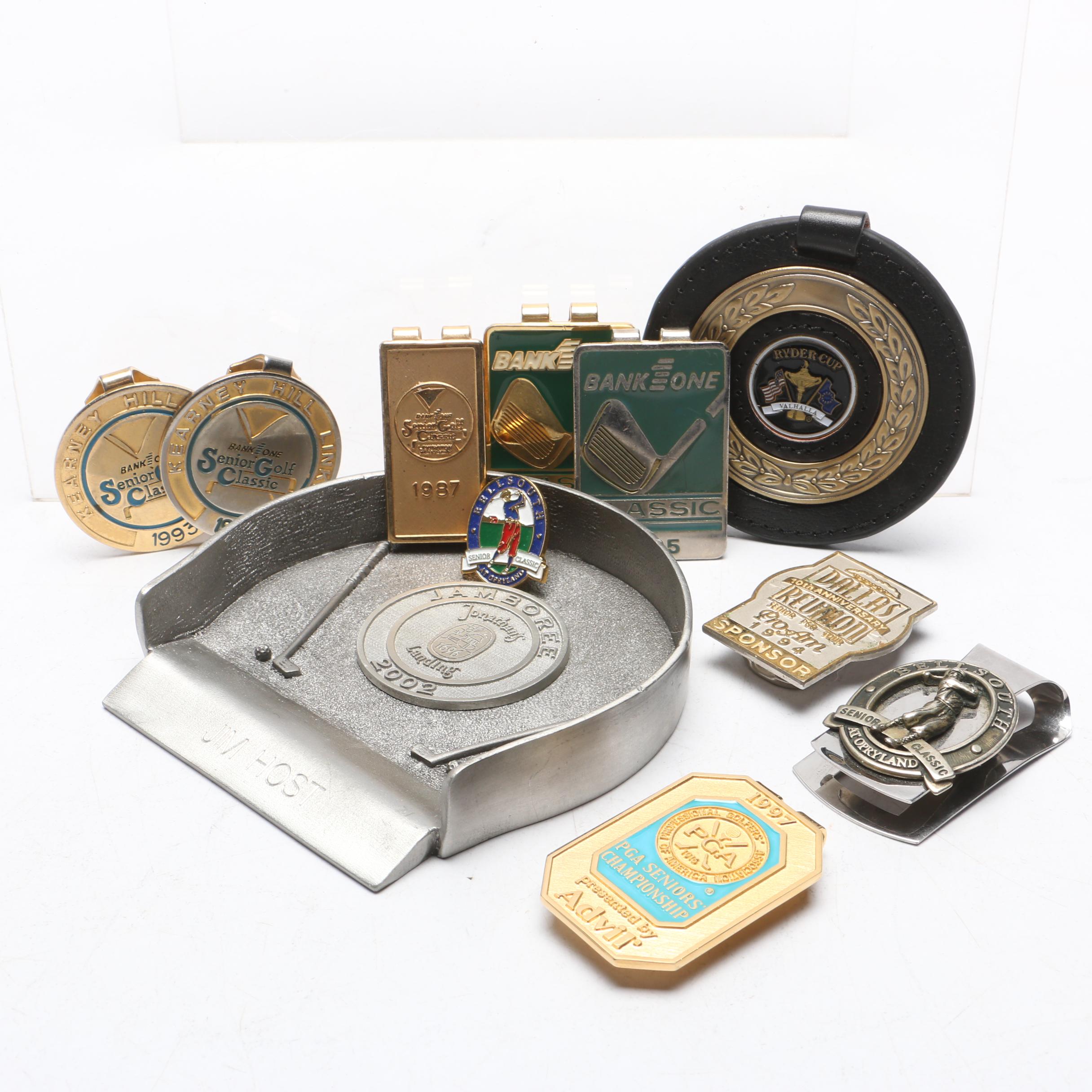1990s-2000s PGA Senior Golfing Money Clips and 2002 Jim Host Paperweight