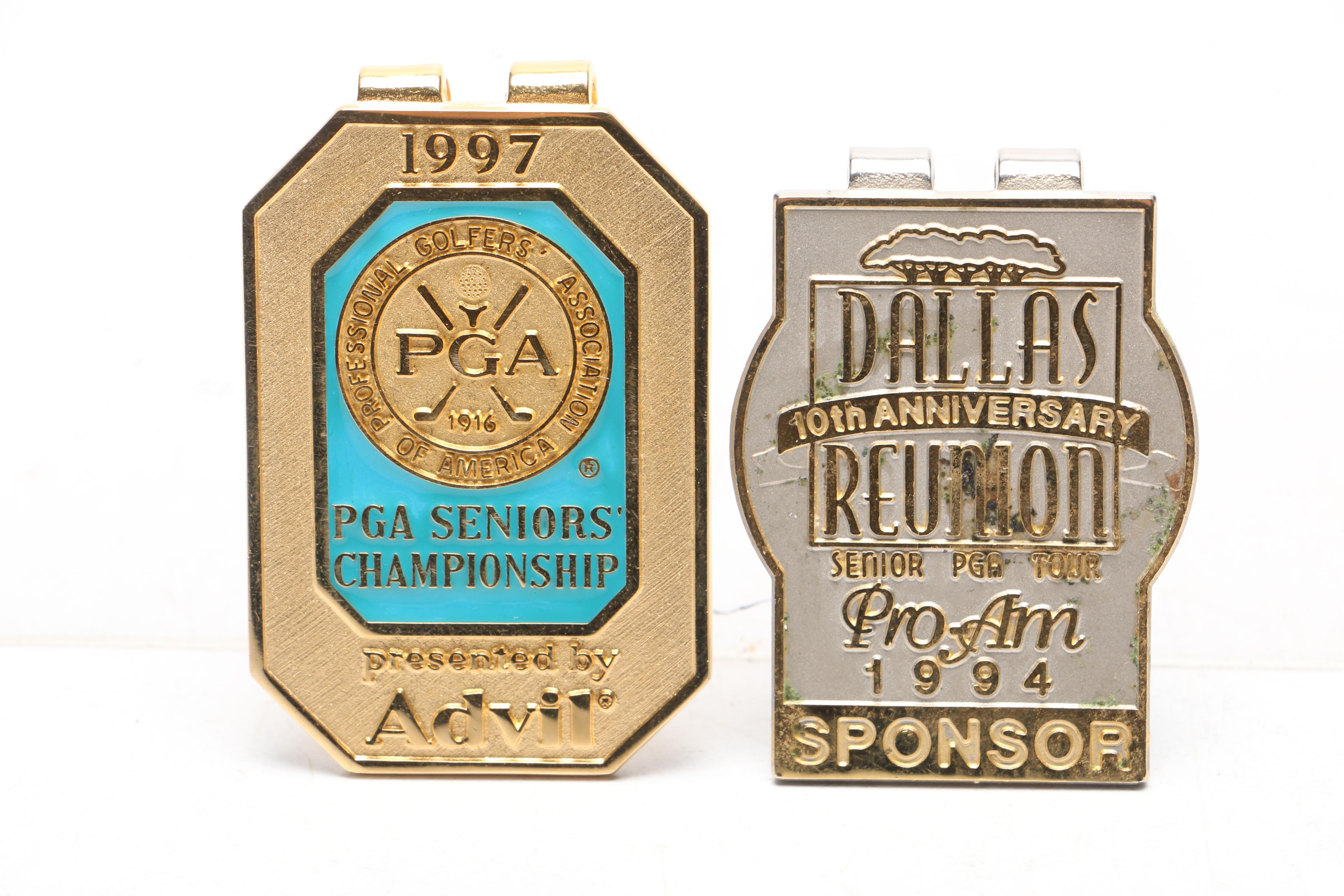 1990s-2000s PGA Senior Golfing Money Clips and 2002 Jim Host Paperweight