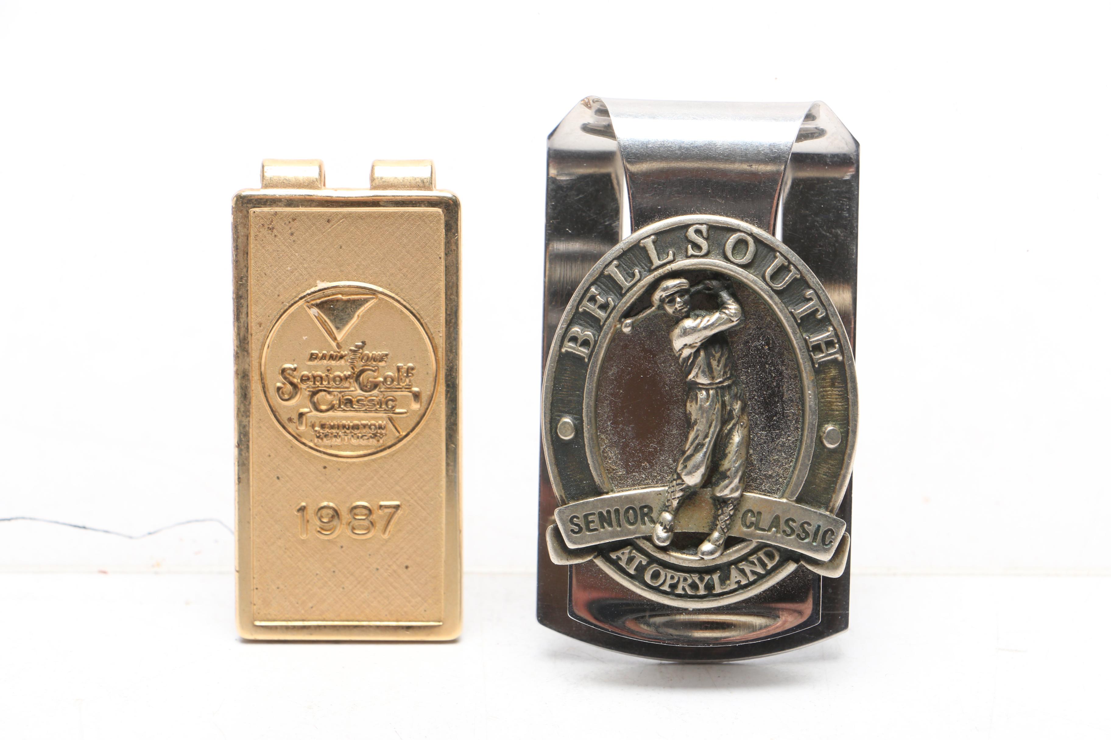 1990s-2000s PGA Senior Golfing Money Clips and 2002 Jim Host Paperweight