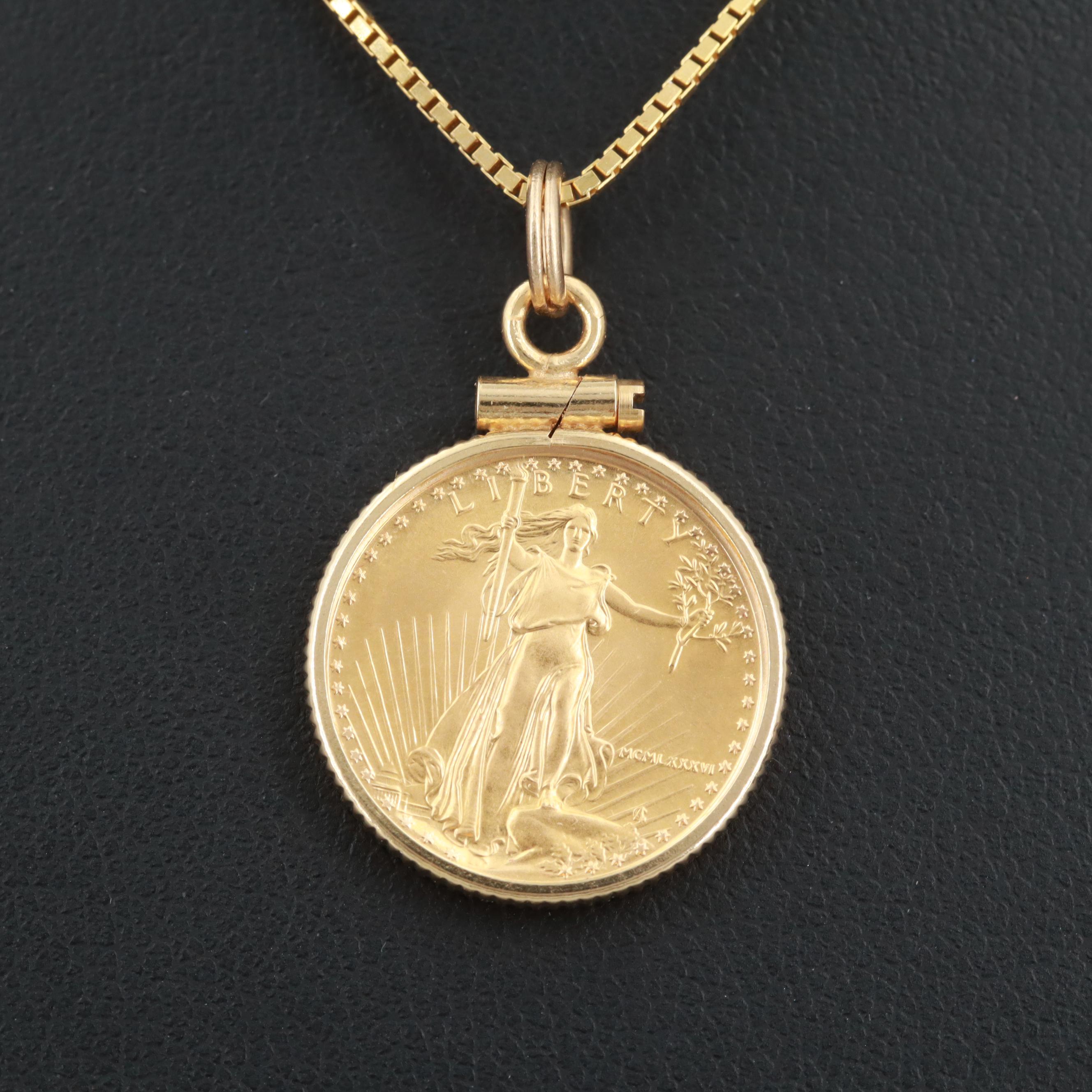 14K Yellow Gold Pendant Necklace Featuring U.S. 1986 $5 Gold Eagle Coin
