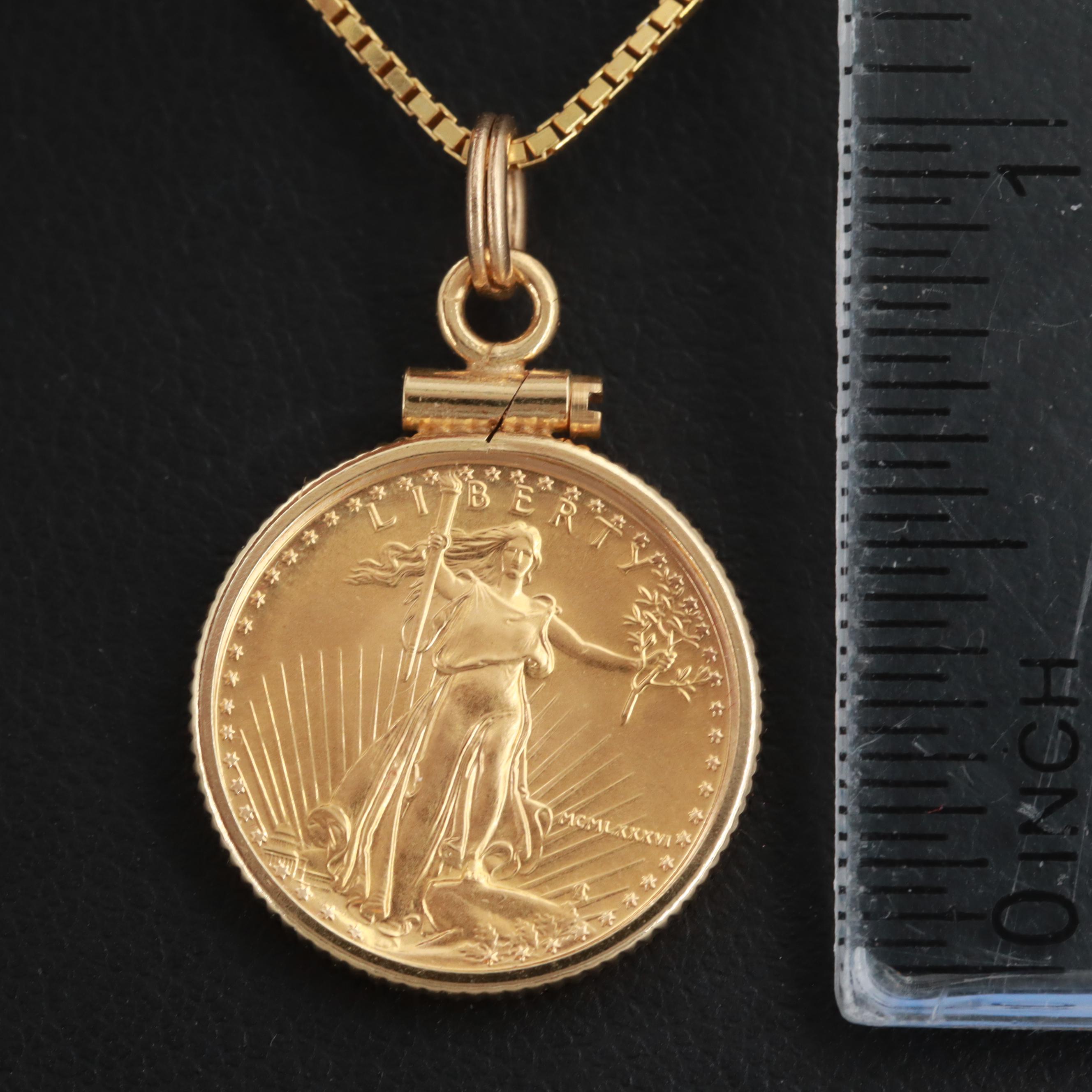 14K Yellow Gold Pendant Necklace Featuring U.S. 1986 $5 Gold Eagle Coin