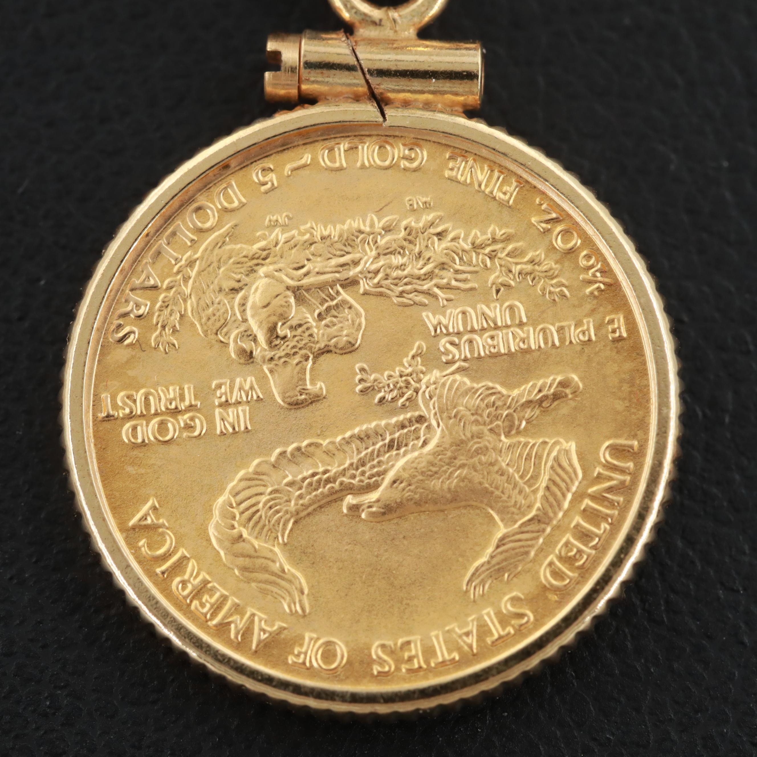 14K Yellow Gold Pendant Necklace Featuring U.S. 1986 $5 Gold Eagle Coin