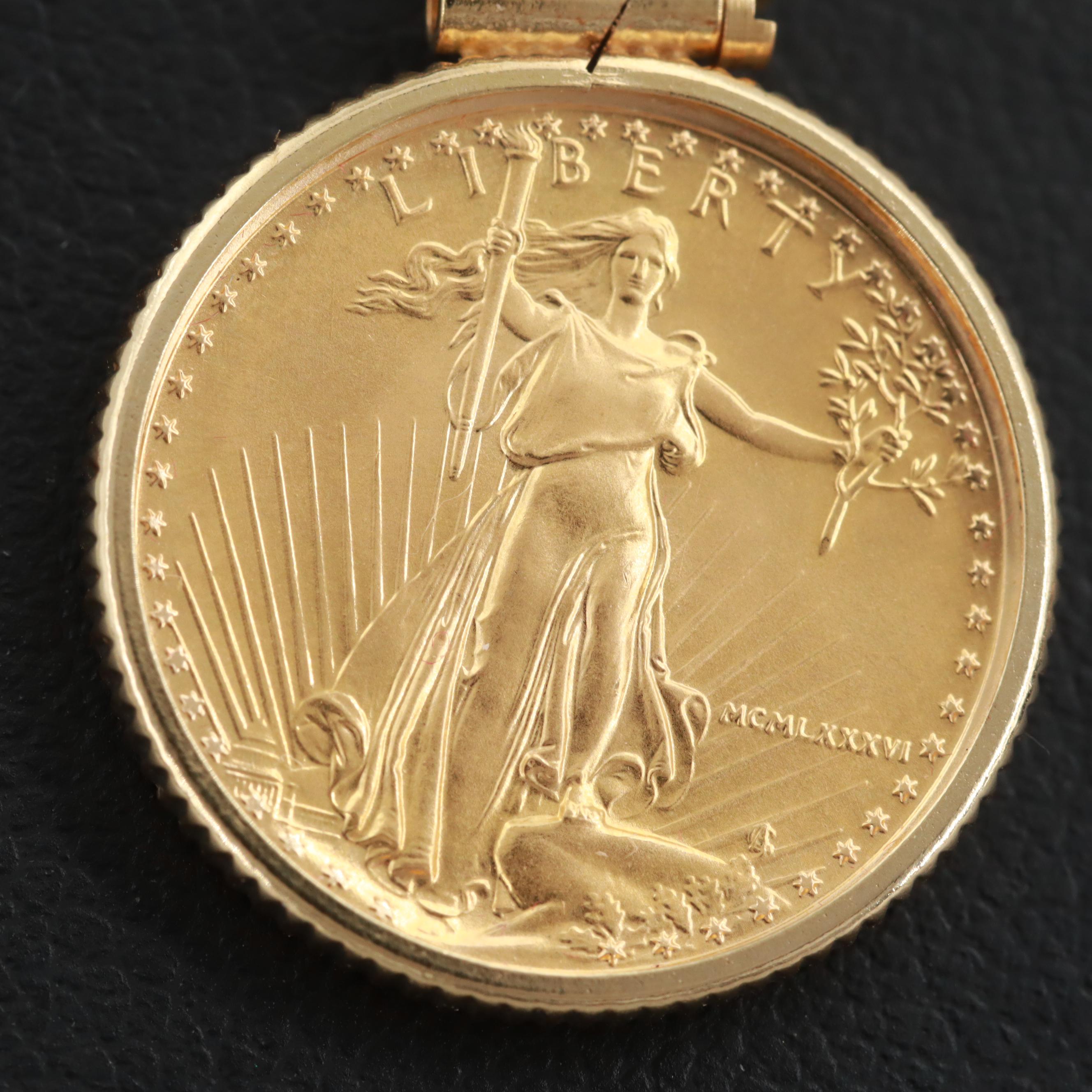 14K Yellow Gold Pendant Necklace Featuring U.S. 1986 $5 Gold Eagle Coin