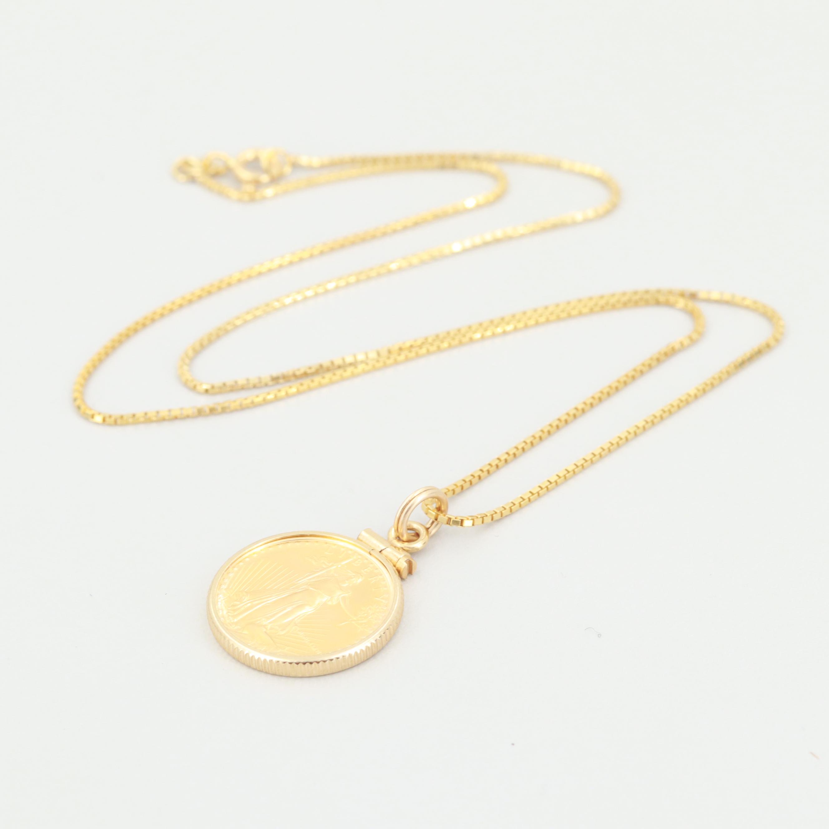 14K Yellow Gold Pendant Necklace Featuring U.S. 1986 $5 Gold Eagle Coin