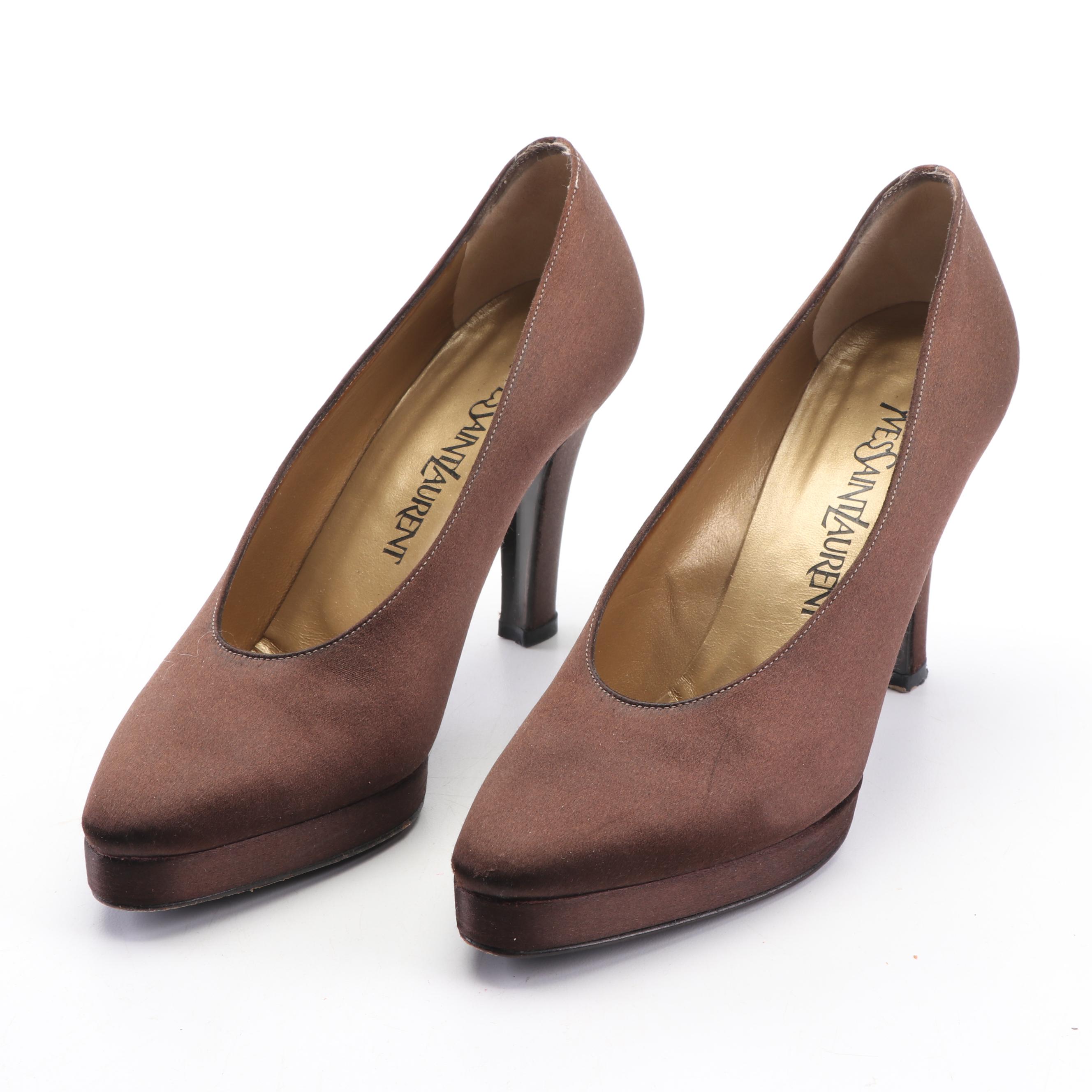 Yves Saint Laurent Brown Silk Platform Pumps