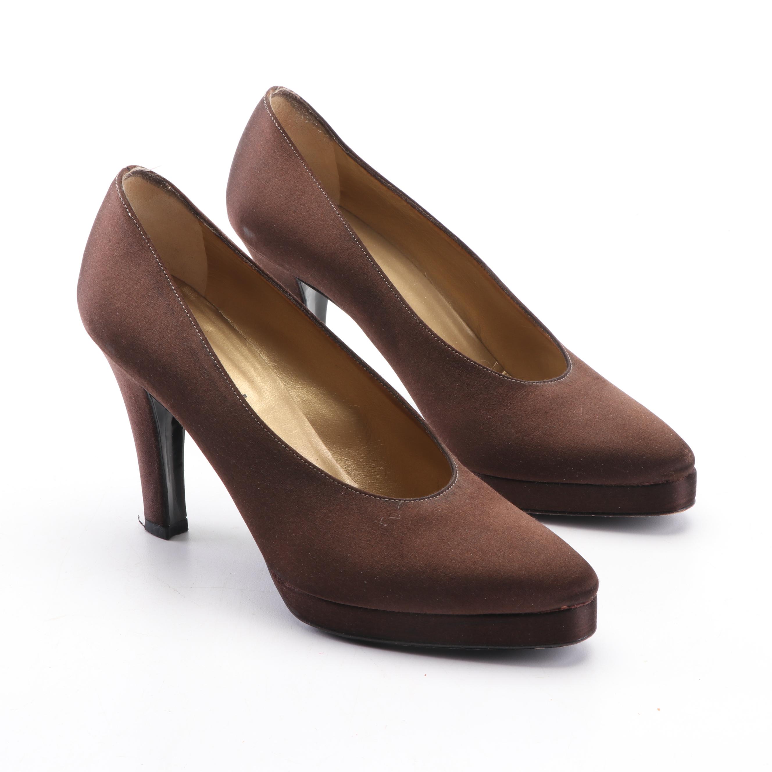 Yves Saint Laurent Brown Silk Platform Pumps