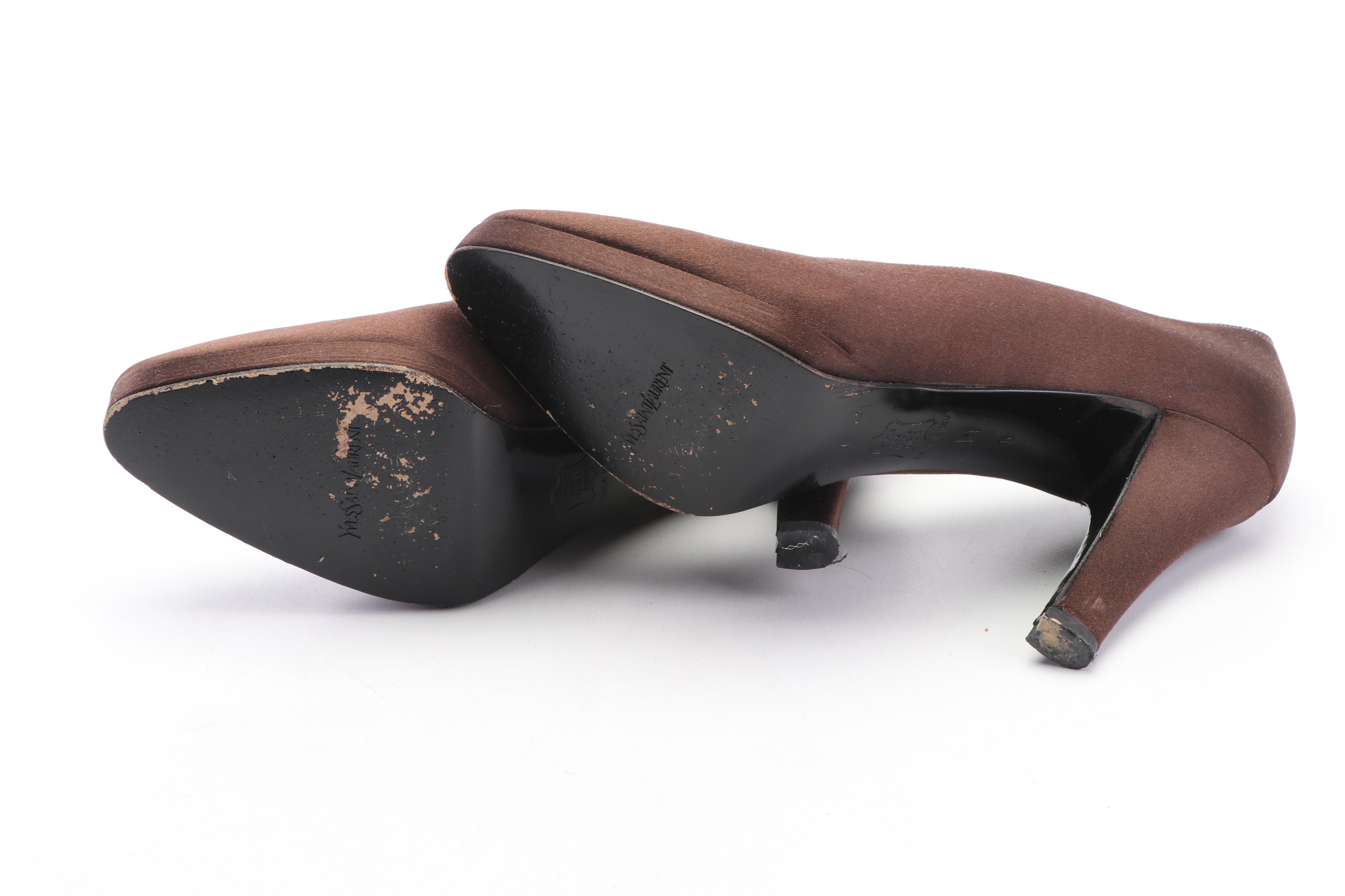 Yves Saint Laurent Brown Silk Platform Pumps