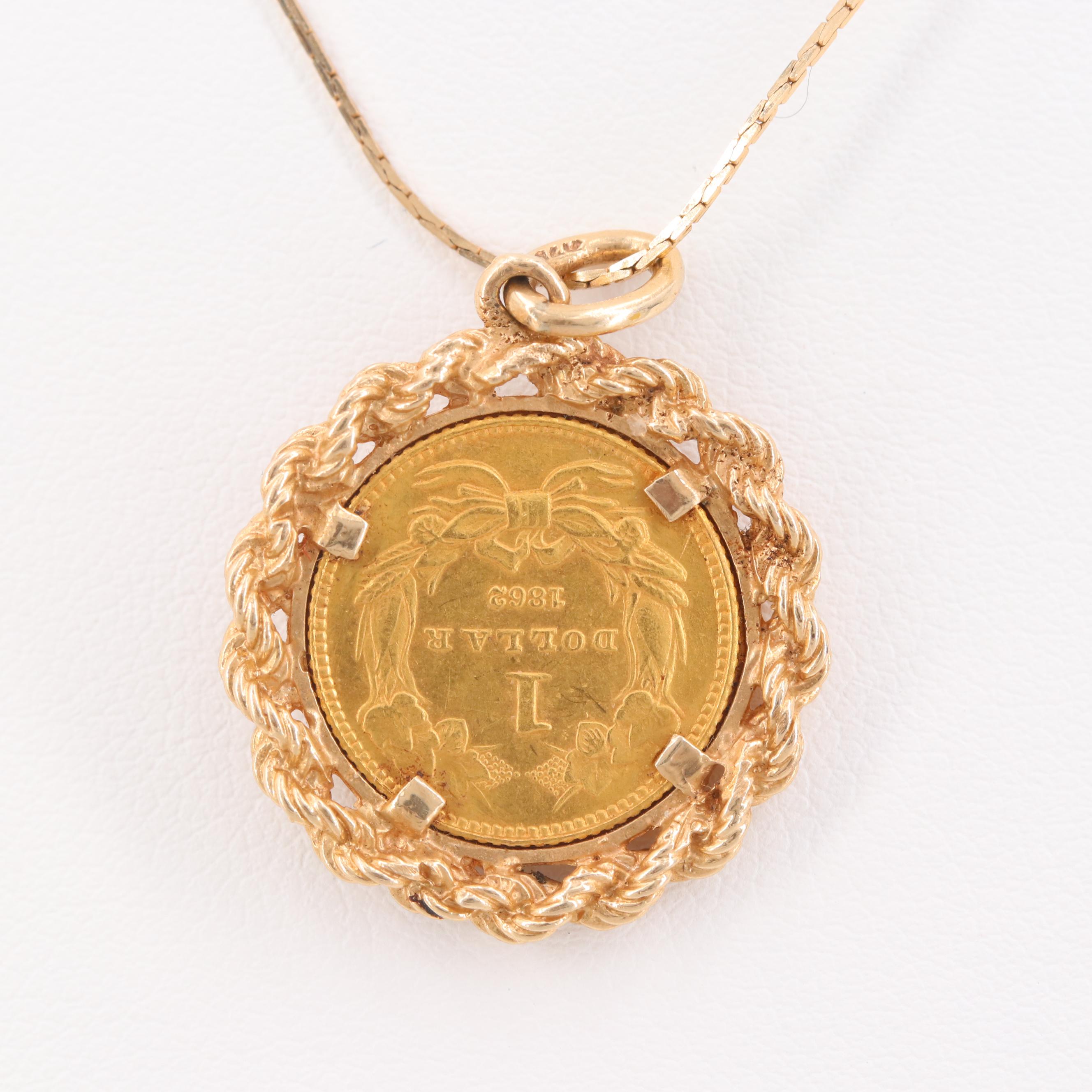 14K Yellow Gold Necklace with 1862 Indian Princess Head $1 Gold Coin
