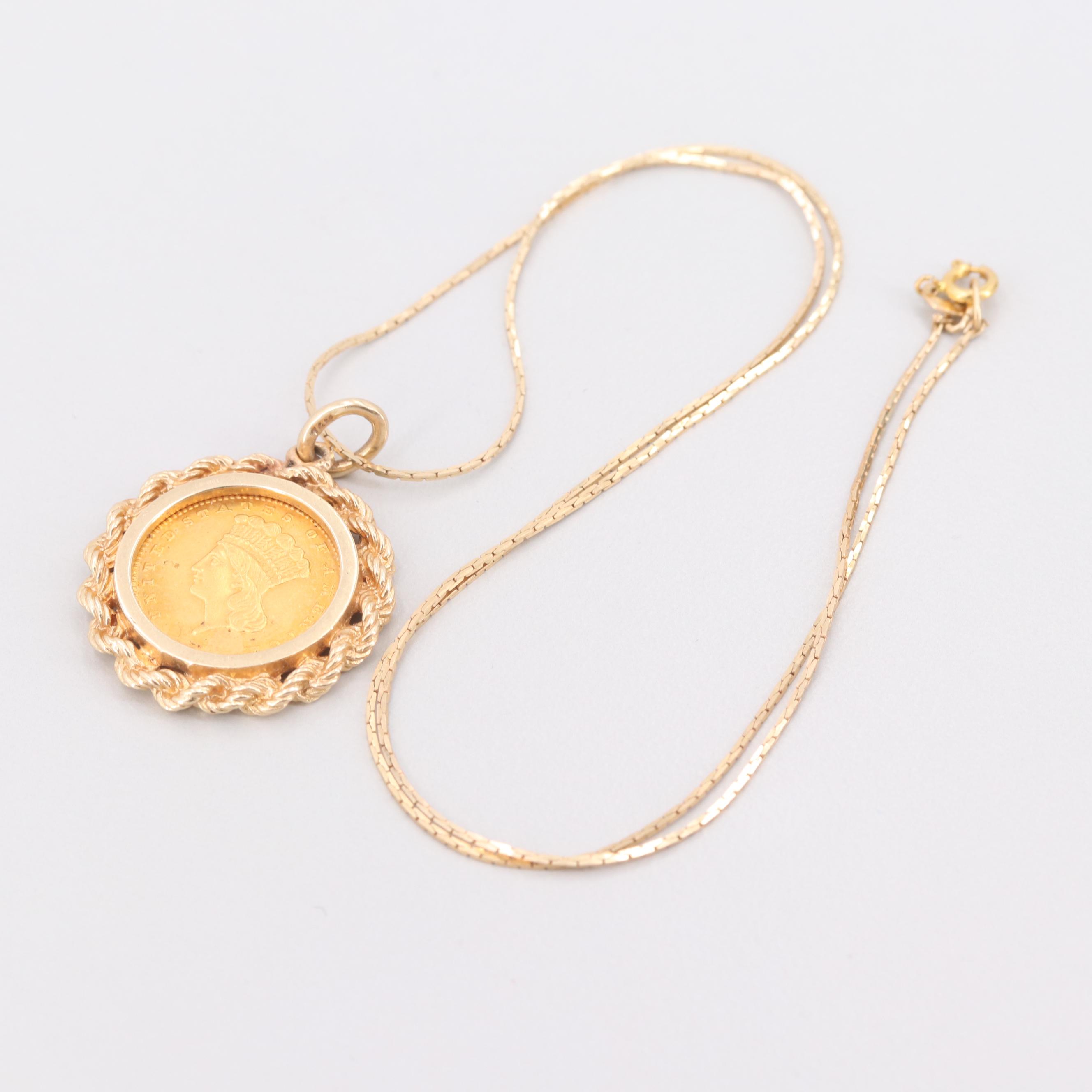 14K Yellow Gold Necklace with 1862 Indian Princess Head $1 Gold Coin