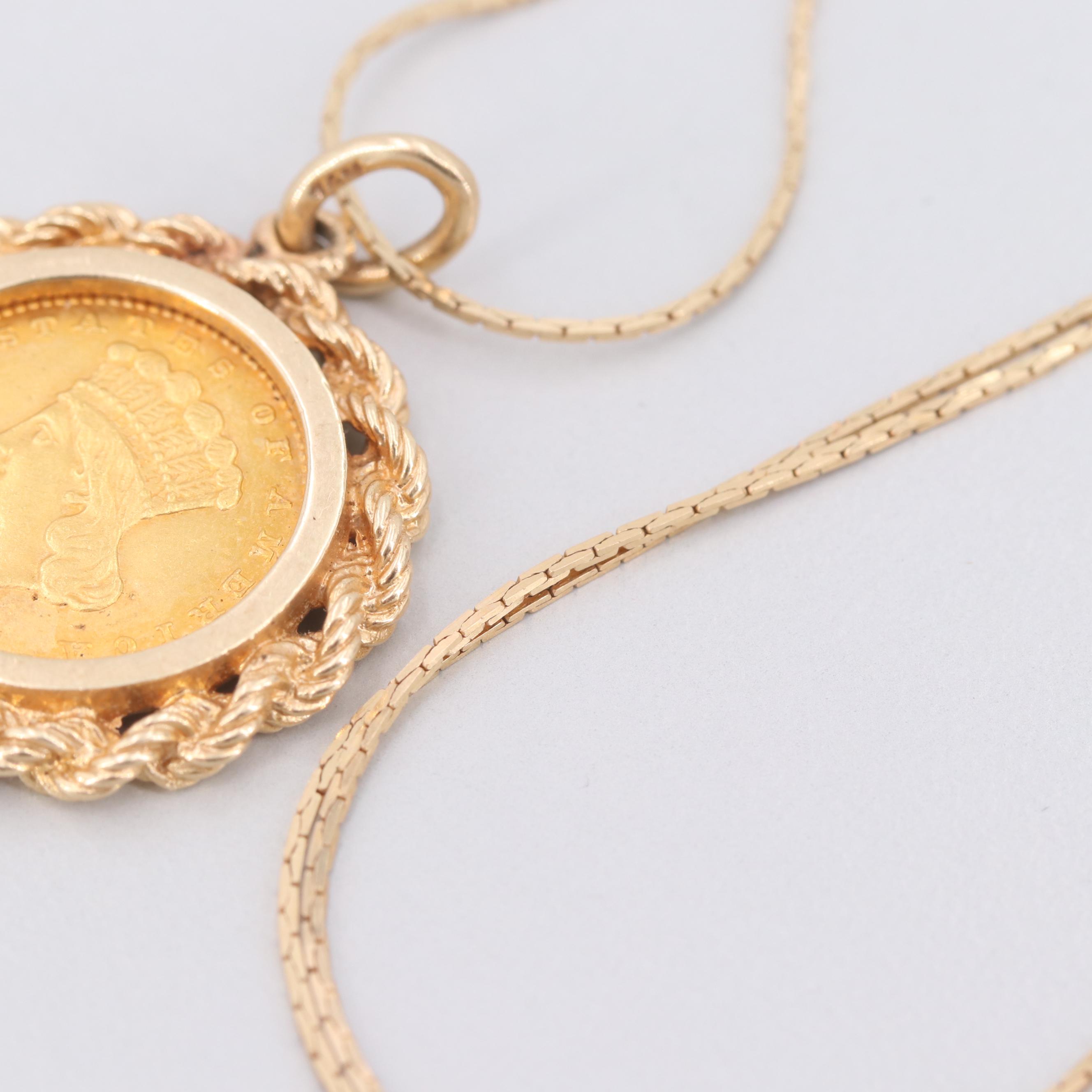 14K Yellow Gold Necklace with 1862 Indian Princess Head $1 Gold Coin