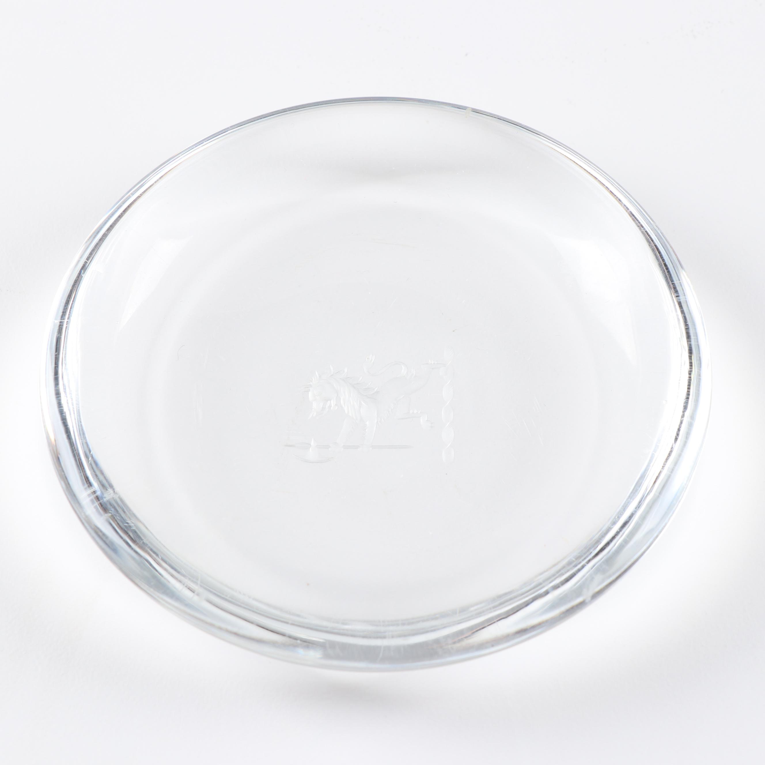 Steuben Art Glass Coasters with Etched Lions, Mid-Century