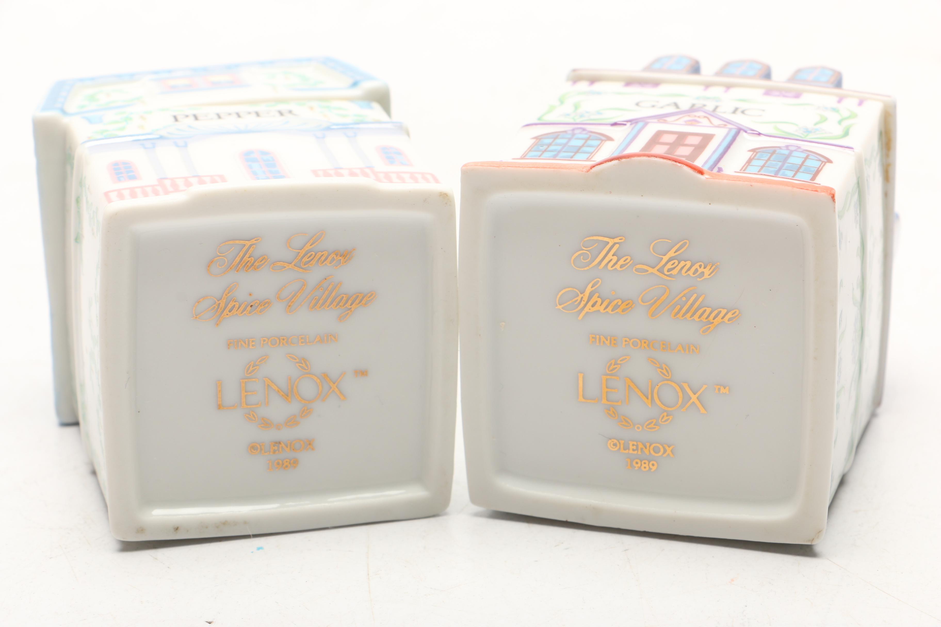 Lenox "Spice Village" Porcelain Spice Jars and Others with Wood Display Rack