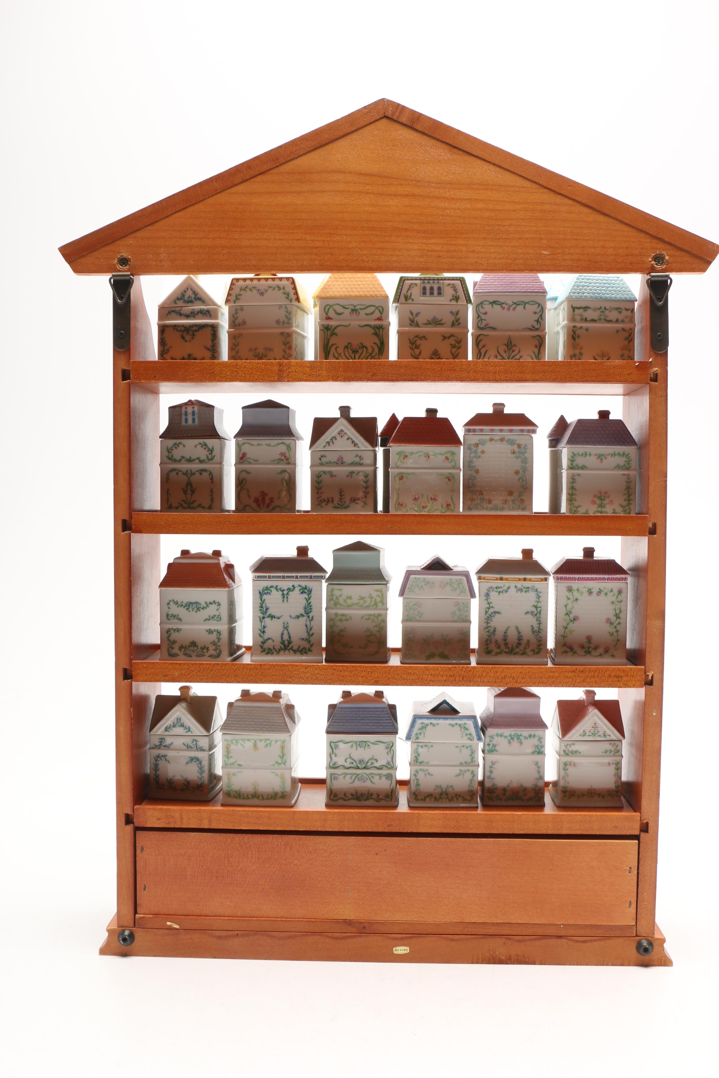 Lenox "Spice Village" Porcelain Spice Jars and Others with Wood Display Rack