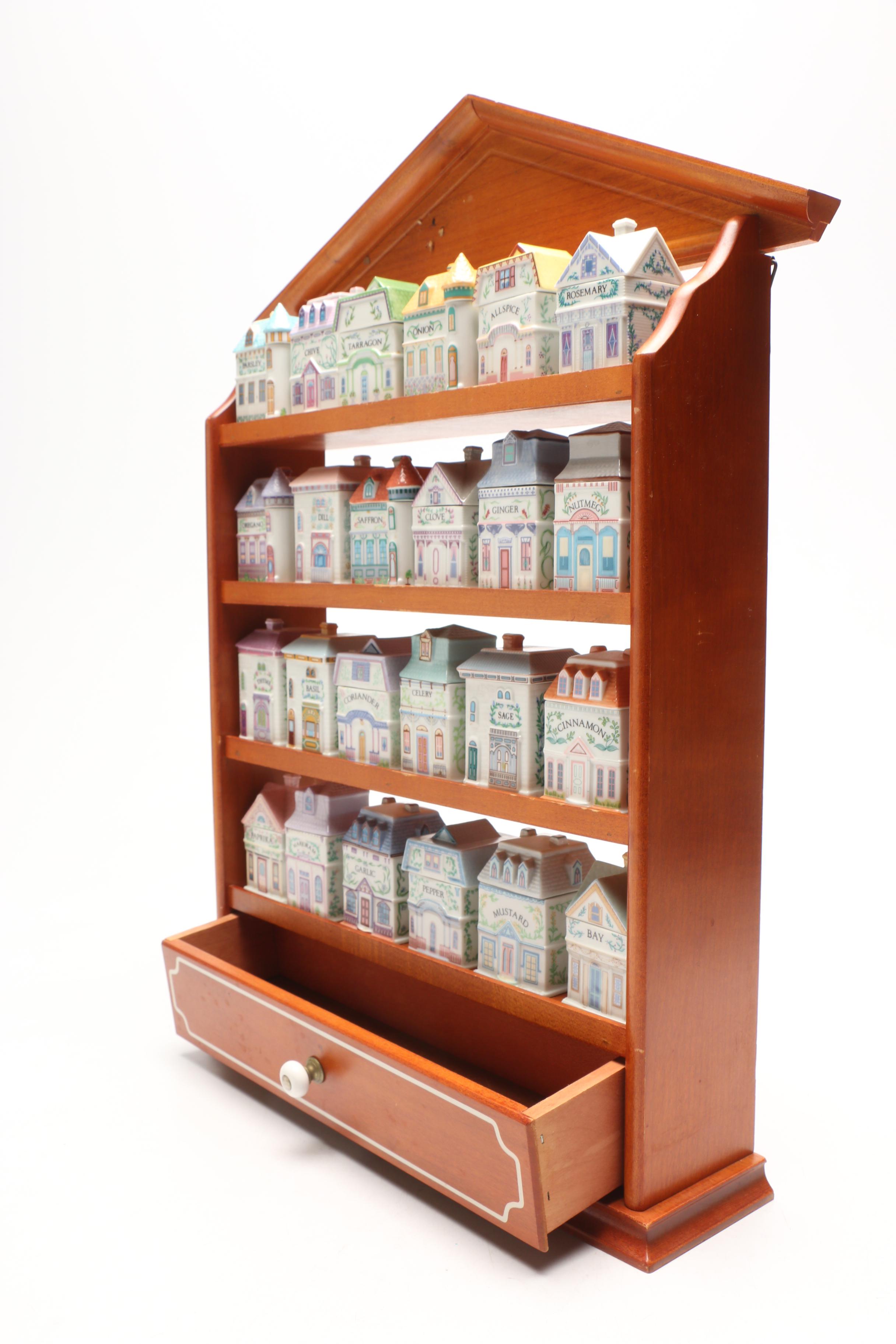 Lenox "Spice Village" Porcelain Spice Jars and Others with Wood Display Rack