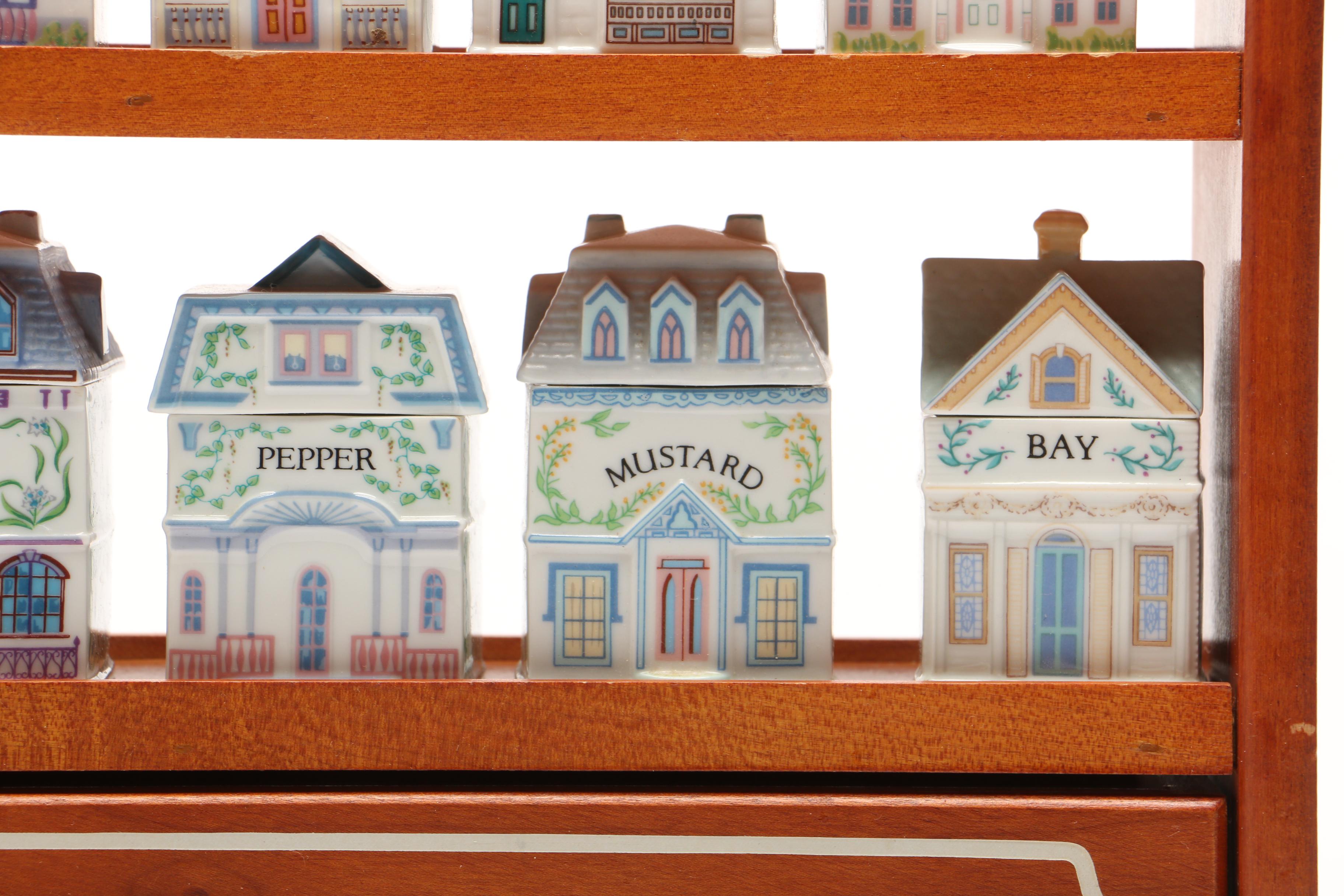 Lenox "Spice Village" Porcelain Spice Jars and Others with Wood Display Rack
