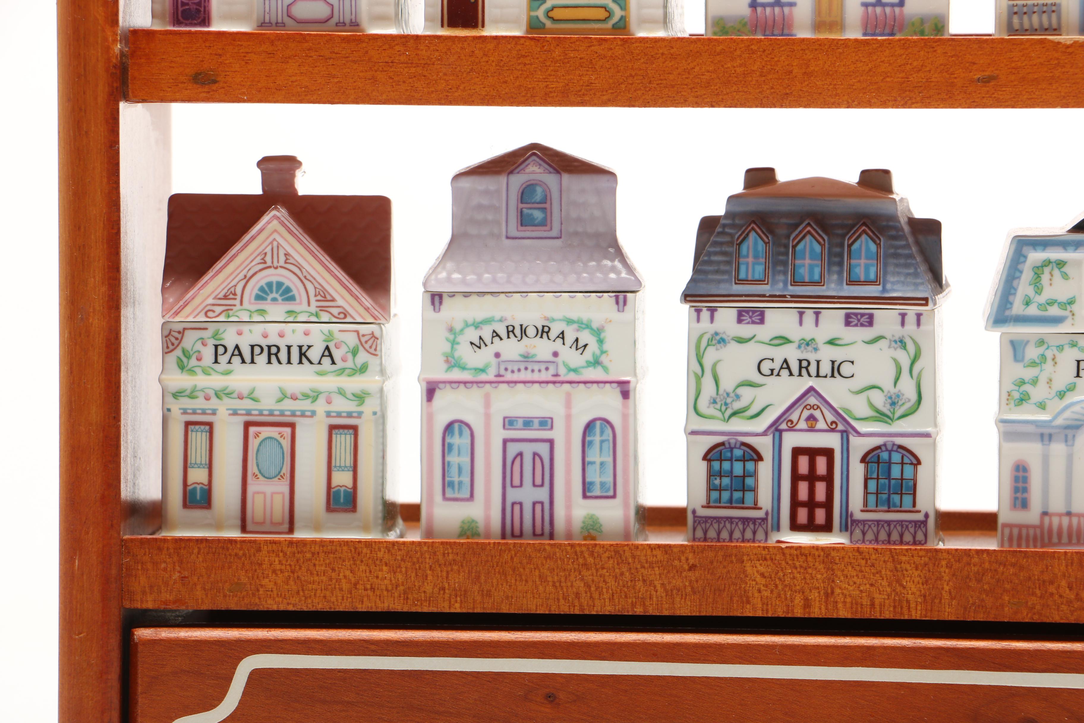 Lenox "Spice Village" Porcelain Spice Jars and Others with Wood Display Rack