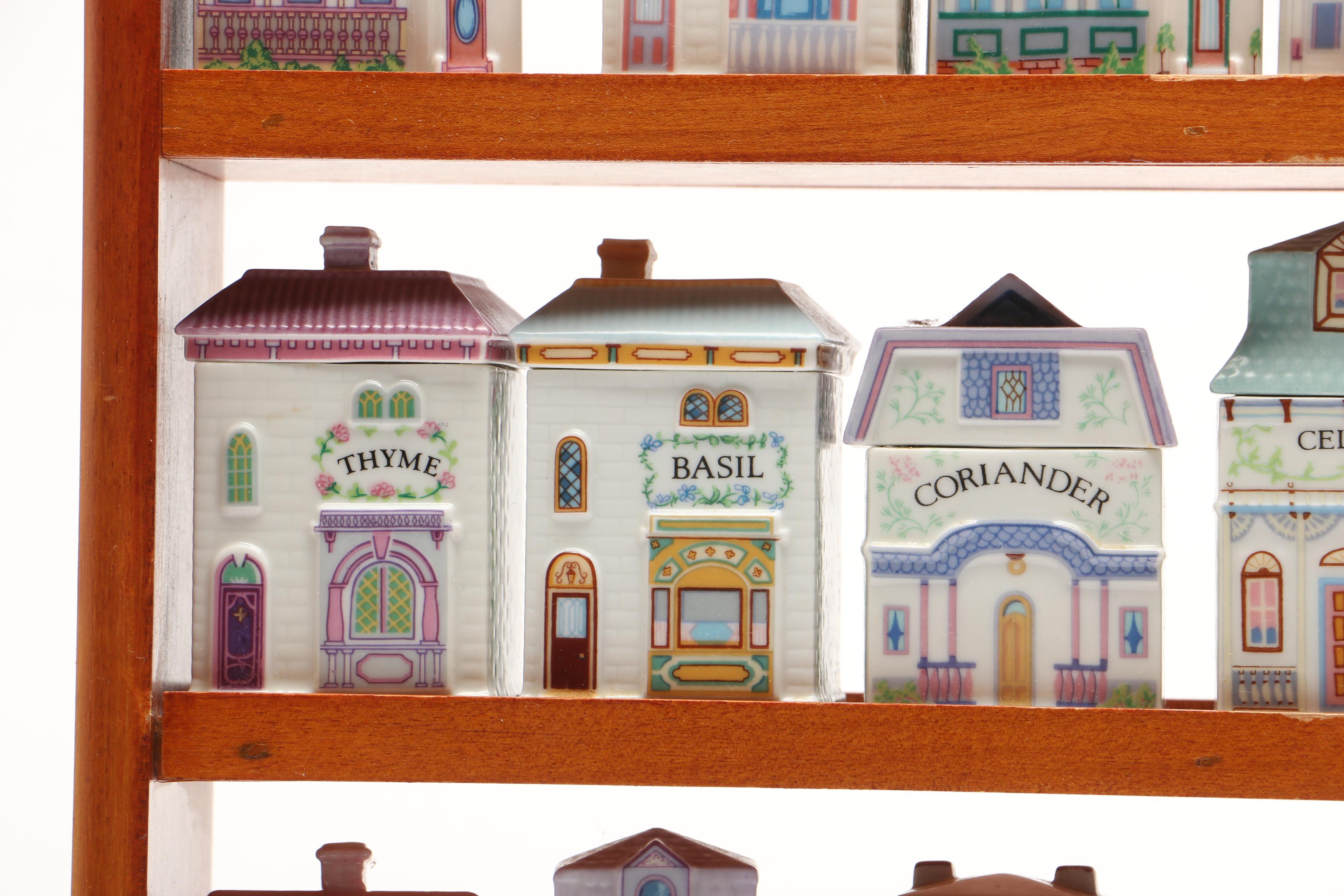 Lenox "Spice Village" Porcelain Spice Jars and Others with Wood Display Rack