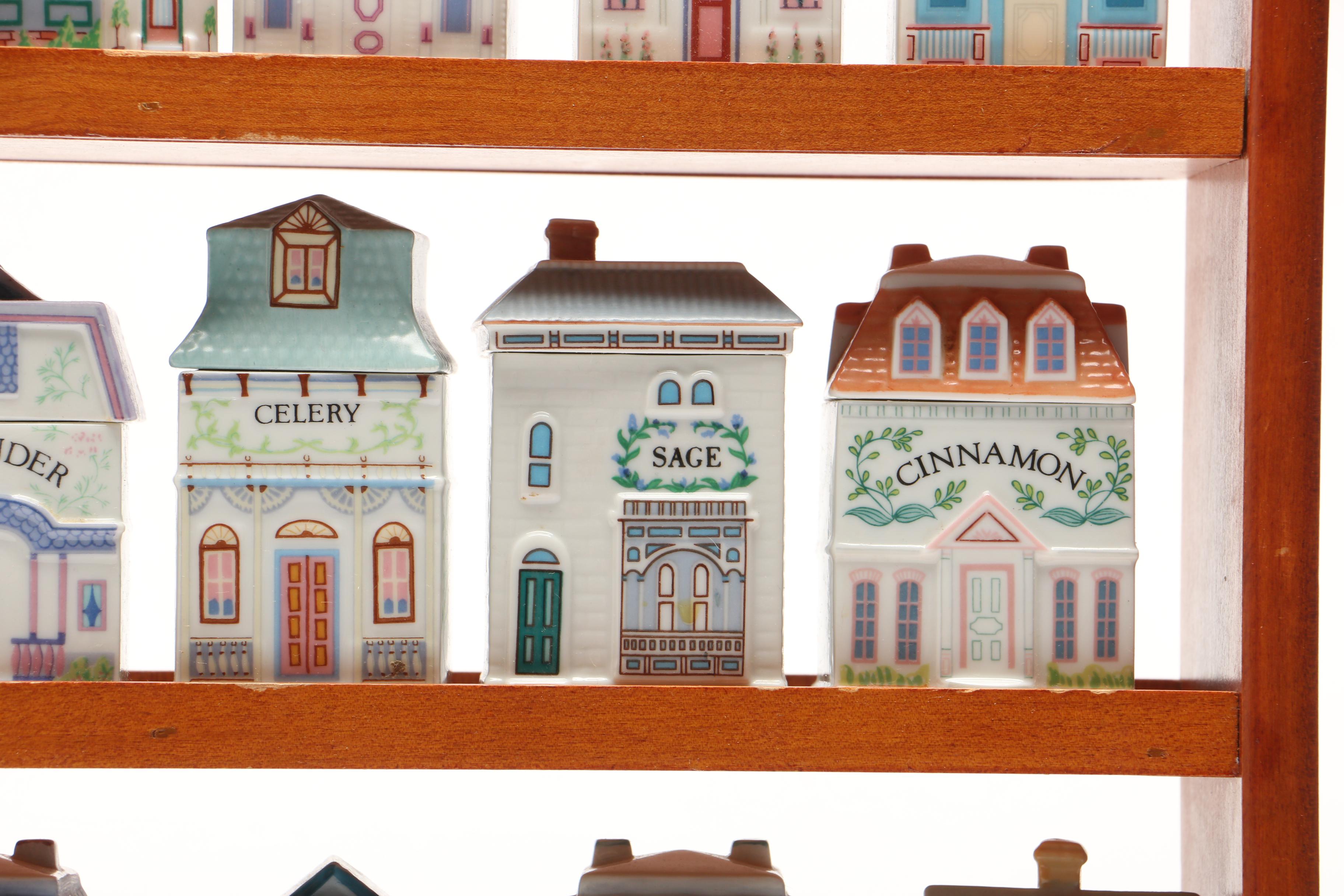 Lenox "Spice Village" Porcelain Spice Jars and Others with Wood Display Rack
