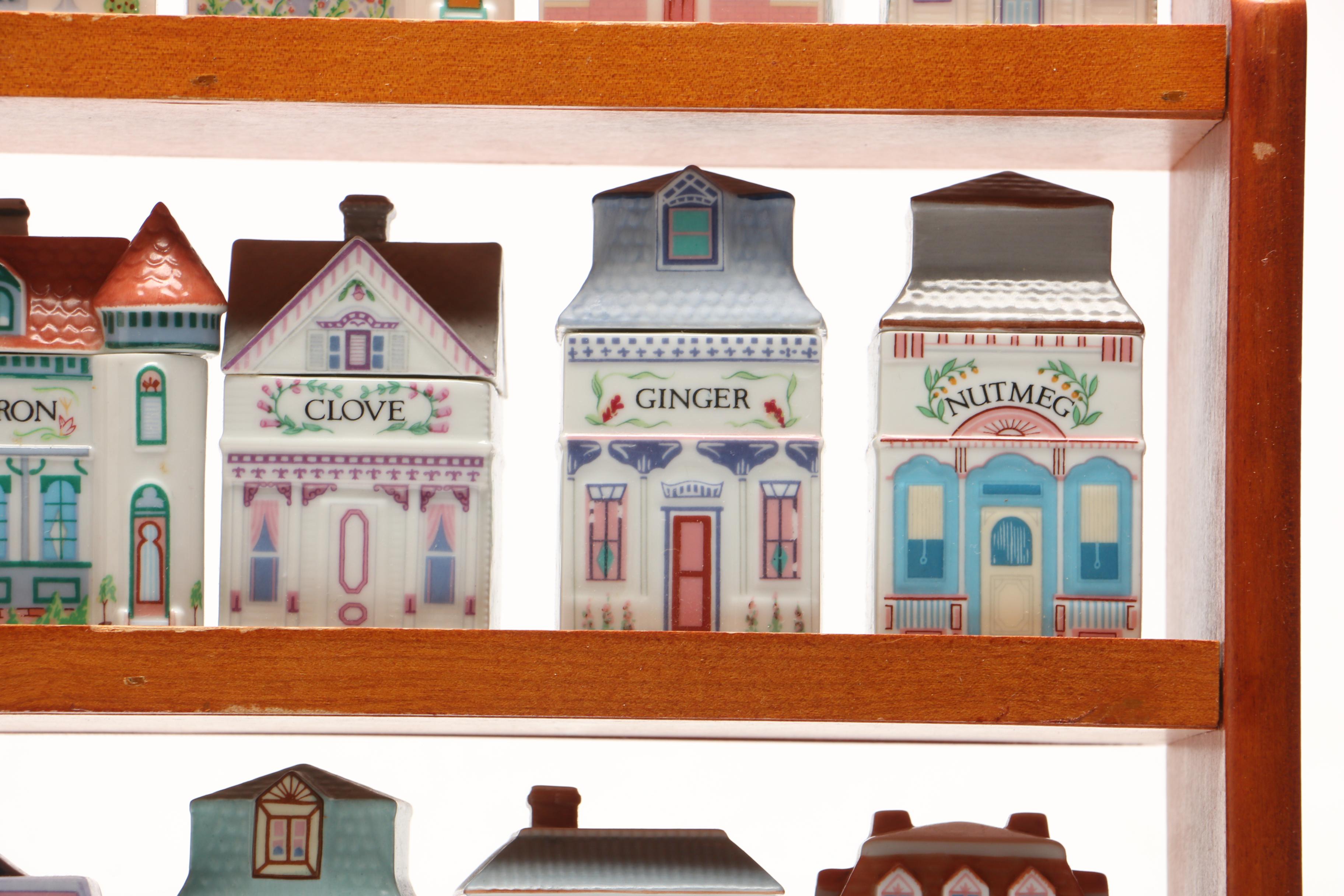 Lenox "Spice Village" Porcelain Spice Jars and Others with Wood Display Rack
