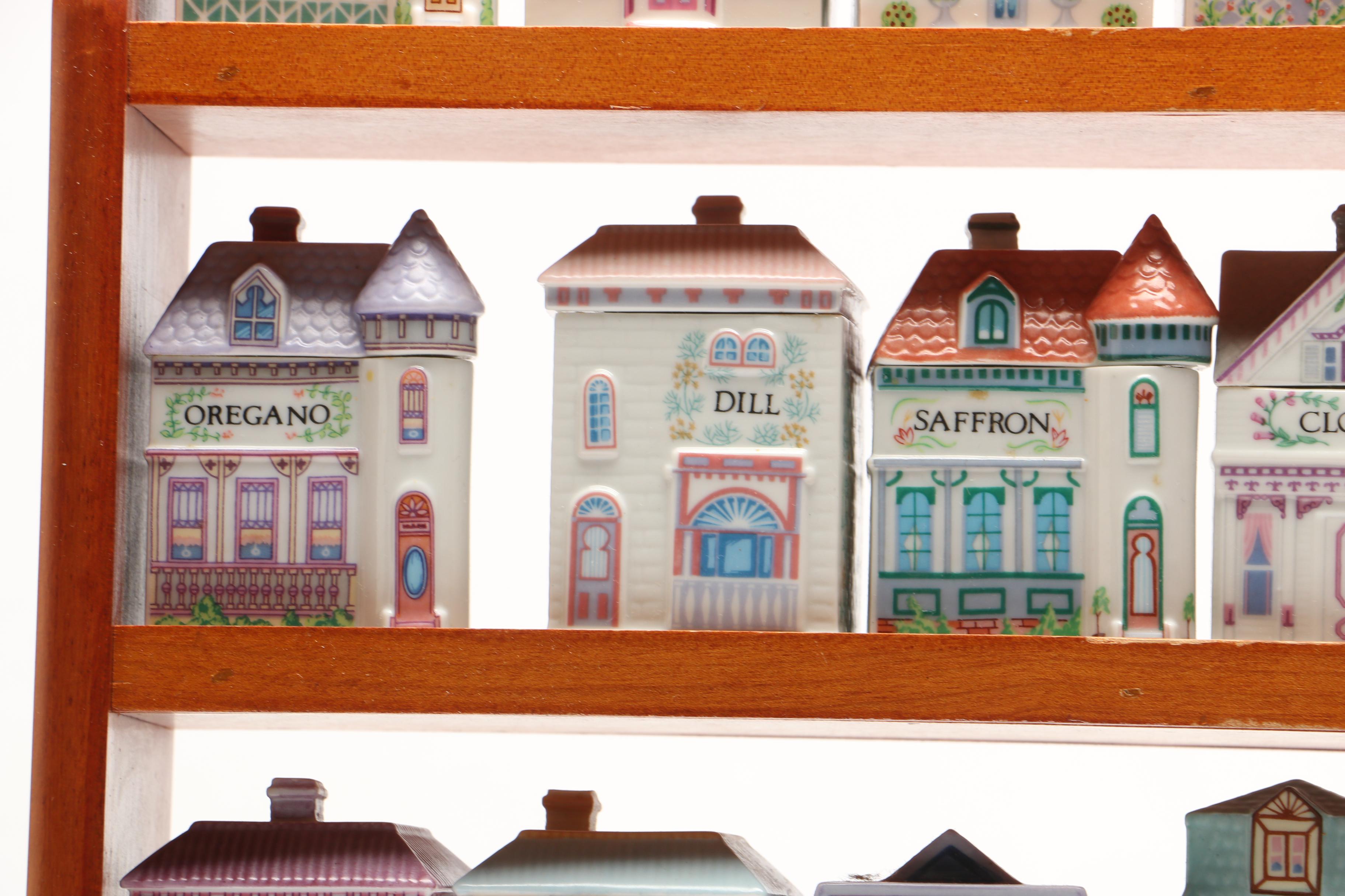 Lenox "Spice Village" Porcelain Spice Jars and Others with Wood Display Rack