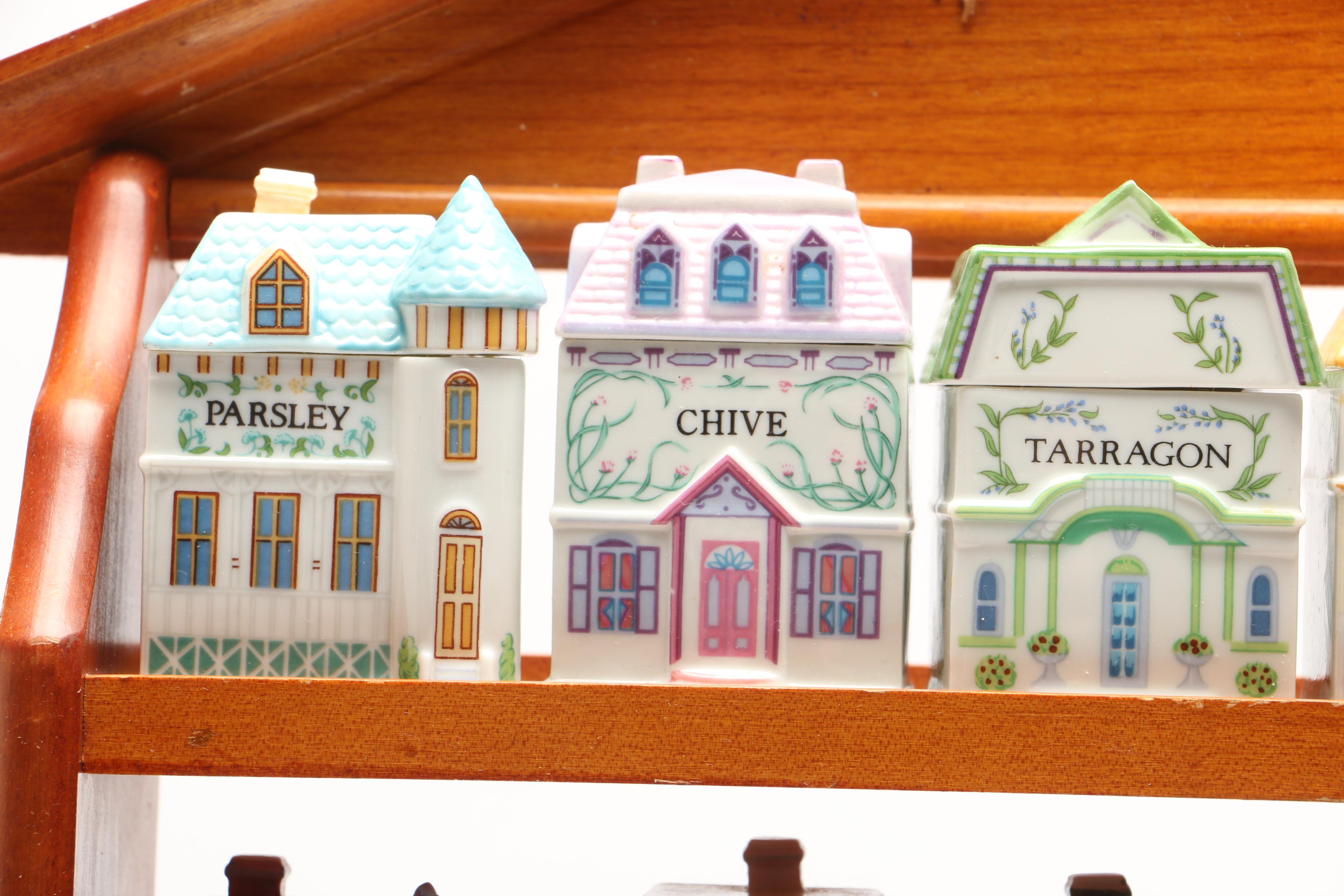 Lenox "Spice Village" Porcelain Spice Jars and Others with Wood Display Rack
