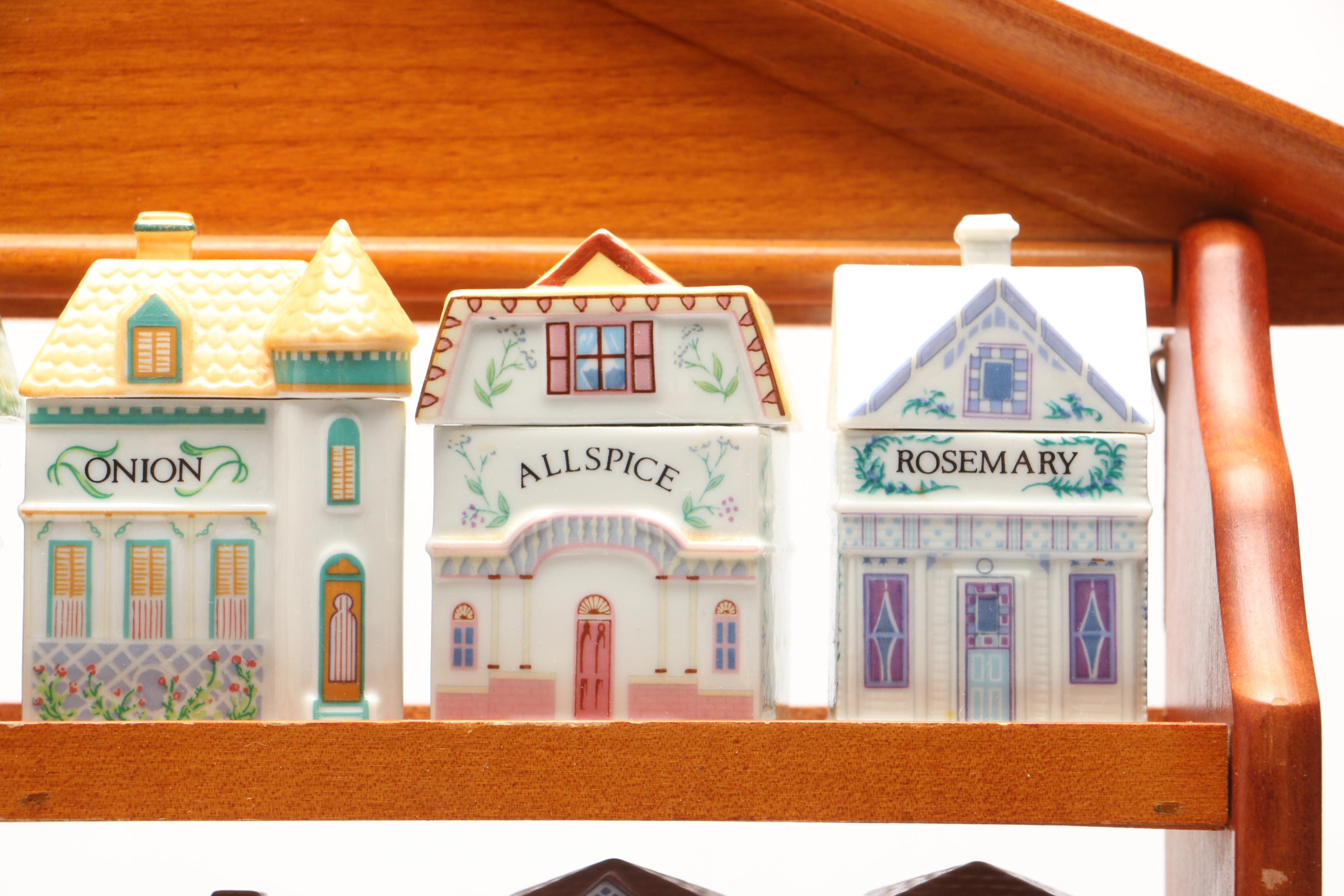 Lenox "Spice Village" Porcelain Spice Jars and Others with Wood Display Rack