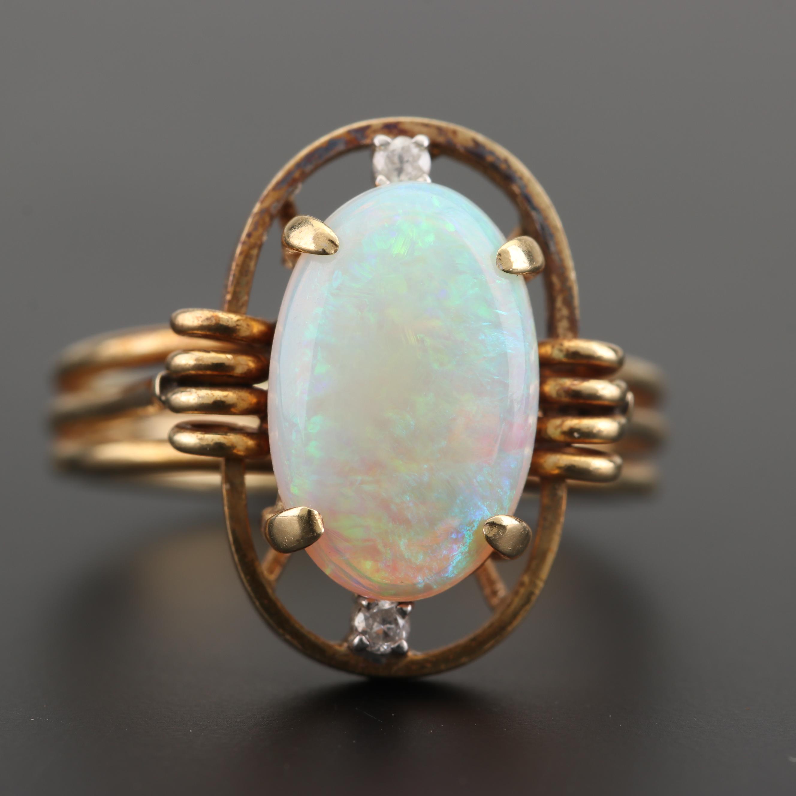 14K Yellow Gold Opal and Diamond Ring