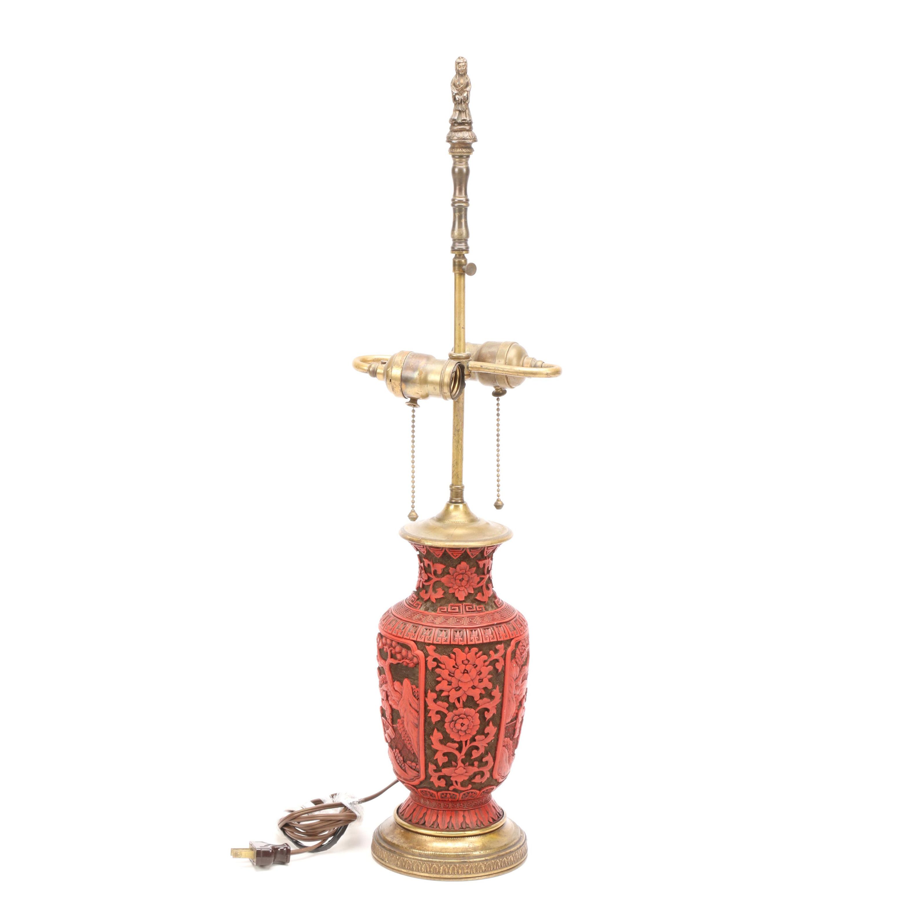 Chinese Carved Cinnabar Table Lamps, Qing Dynasty