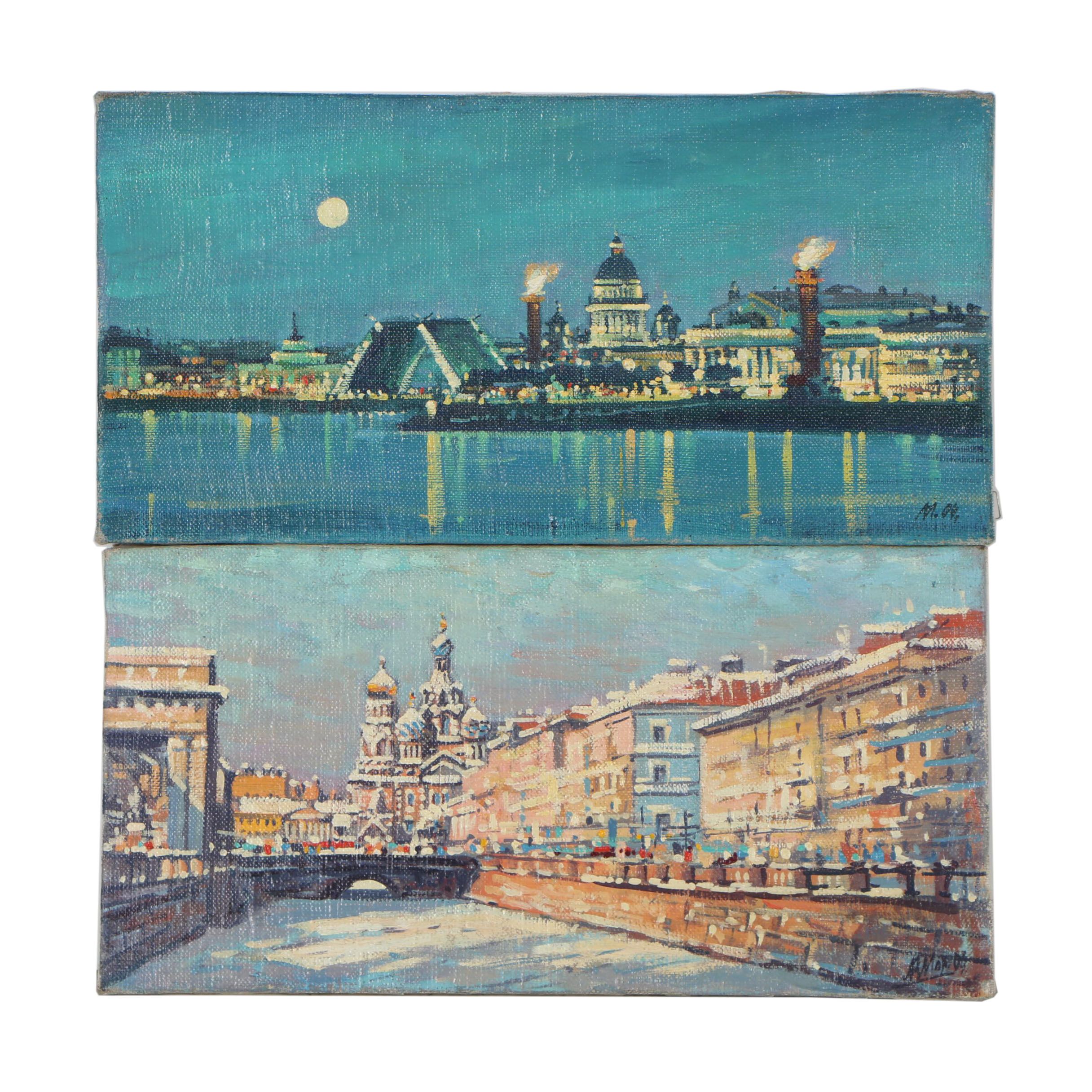 Russian Oil Paintings "Savior on Spilled Blood" and "Panorama of the Neva"