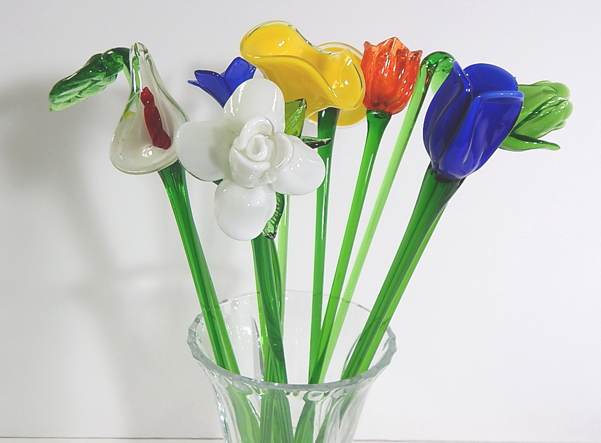 Decorative Hand Blown Glass Flower Stems and Pressed Glass Vase