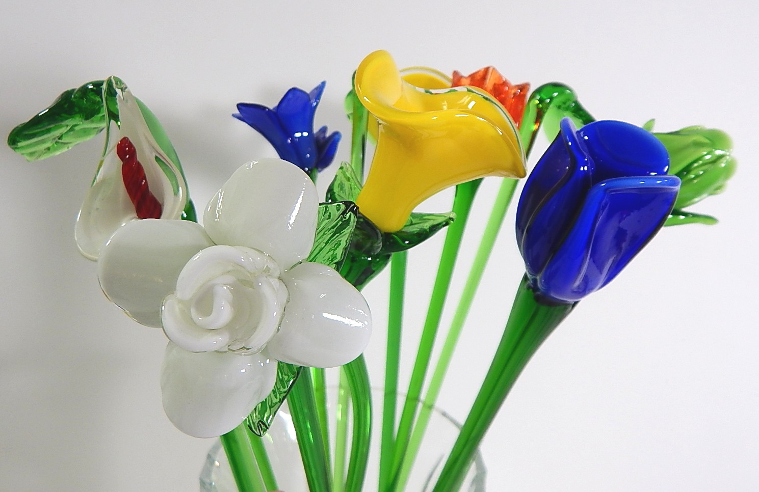 Decorative Hand Blown Glass Flower Stems and Pressed Glass Vase