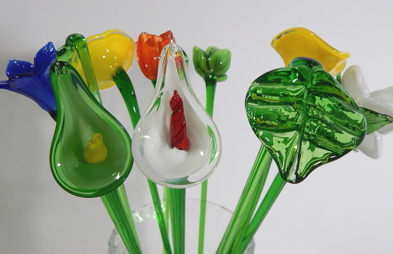 Decorative Hand Blown Glass Flower Stems and Pressed Glass Vase