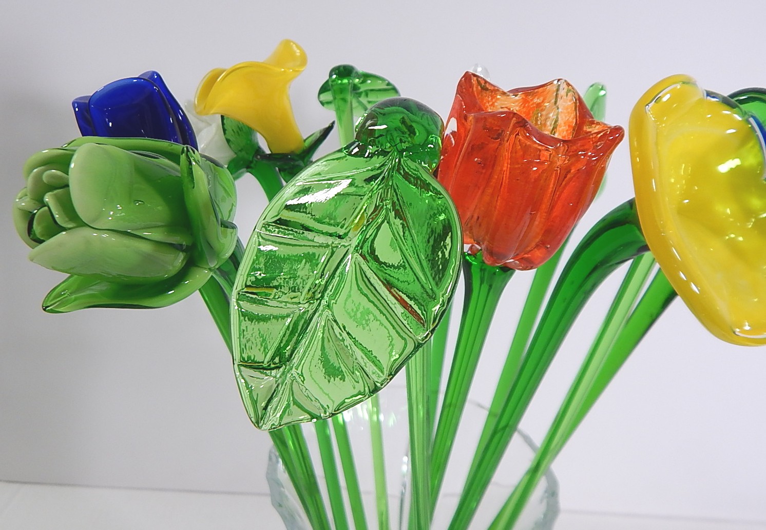 Decorative Hand Blown Glass Flower Stems and Pressed Glass Vase