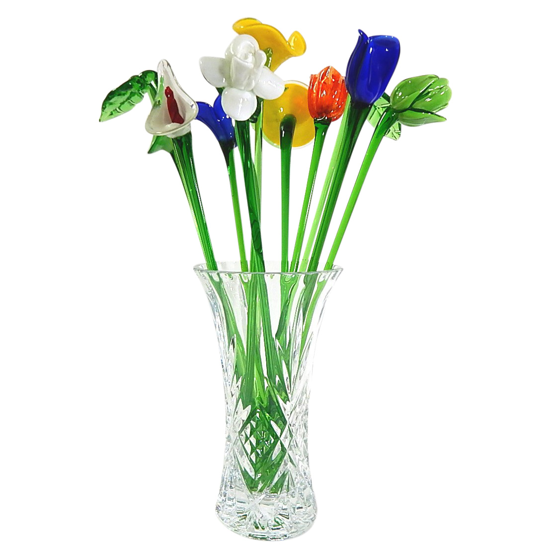 Decorative Hand Blown Glass Flower Stems and Pressed Glass Vase