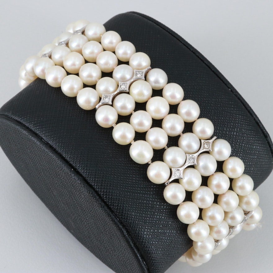 Circa 1950s 14K White Gold Cultured Pearl and Diamond Bracelet
