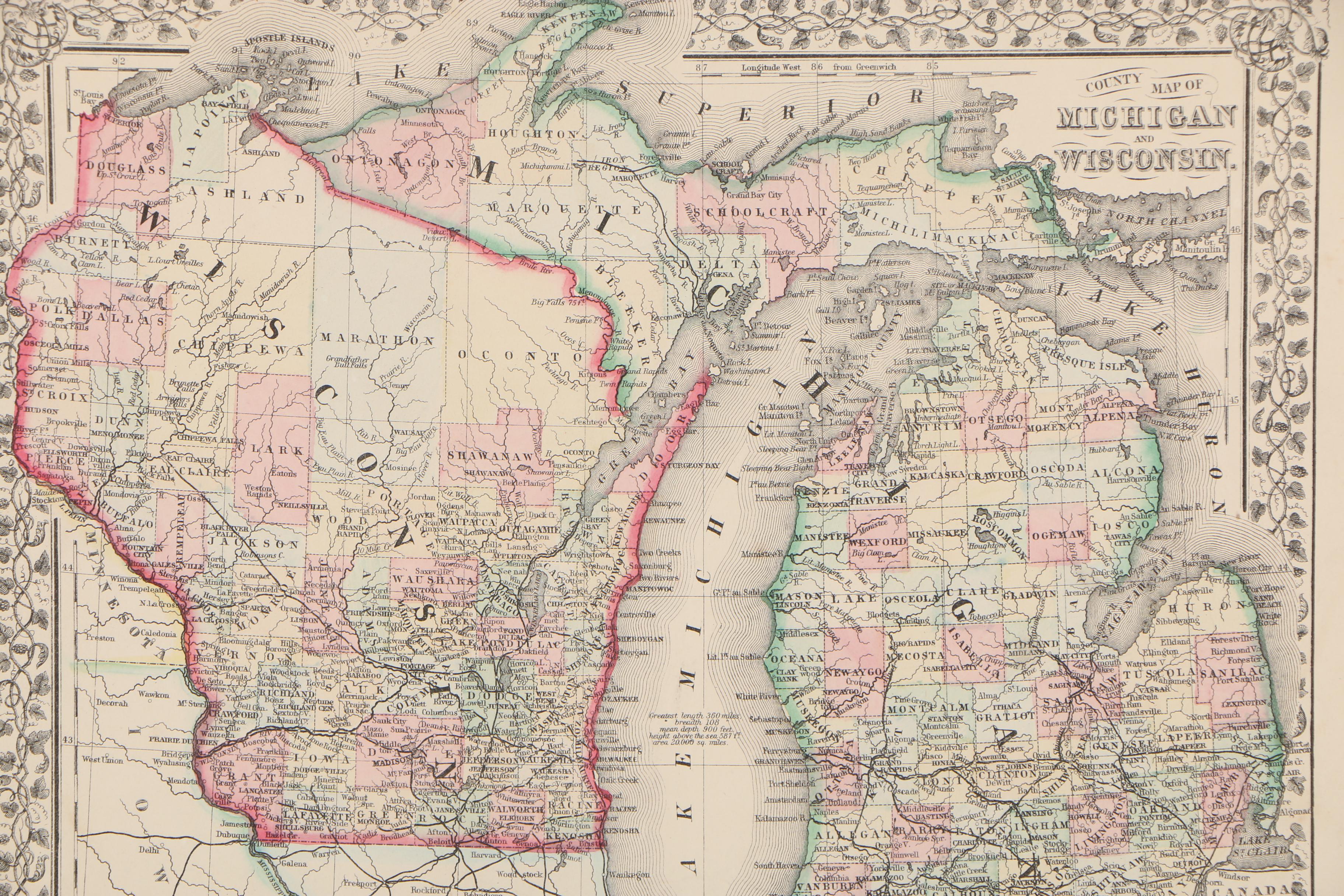 W.H. Gamble Hand-Colored County Map from "Mitchell's New General Atlas", 1870
