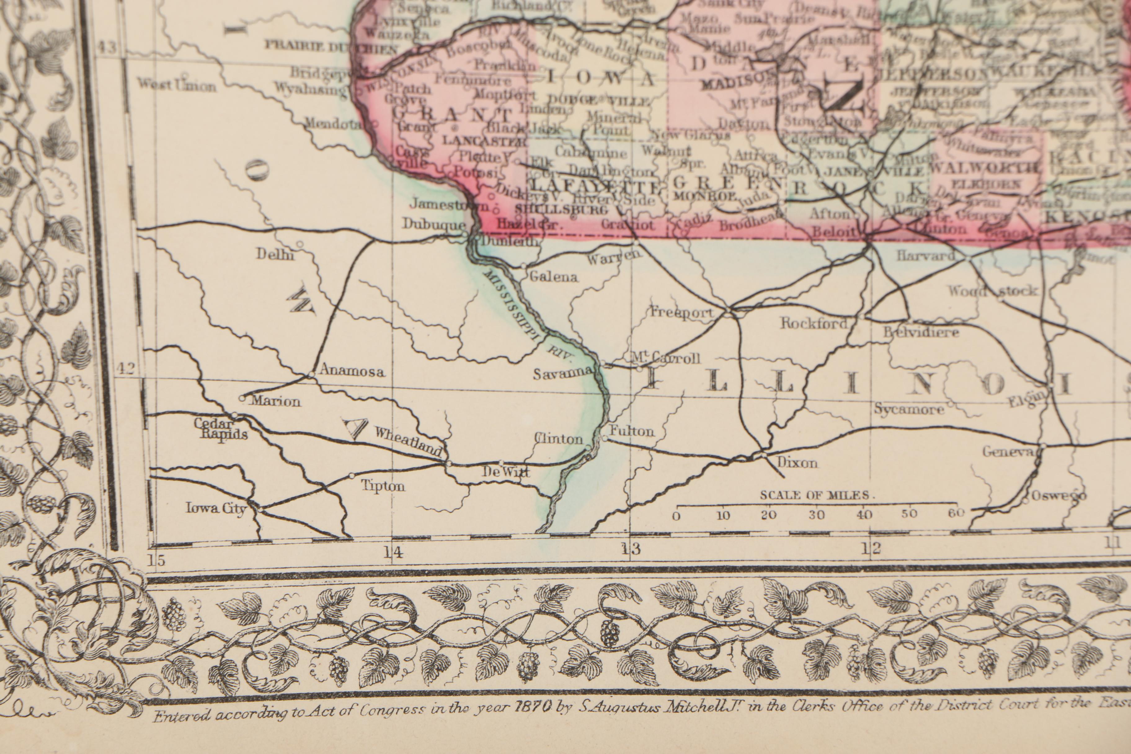 W.H. Gamble Hand-Colored County Map from "Mitchell's New General Atlas", 1870