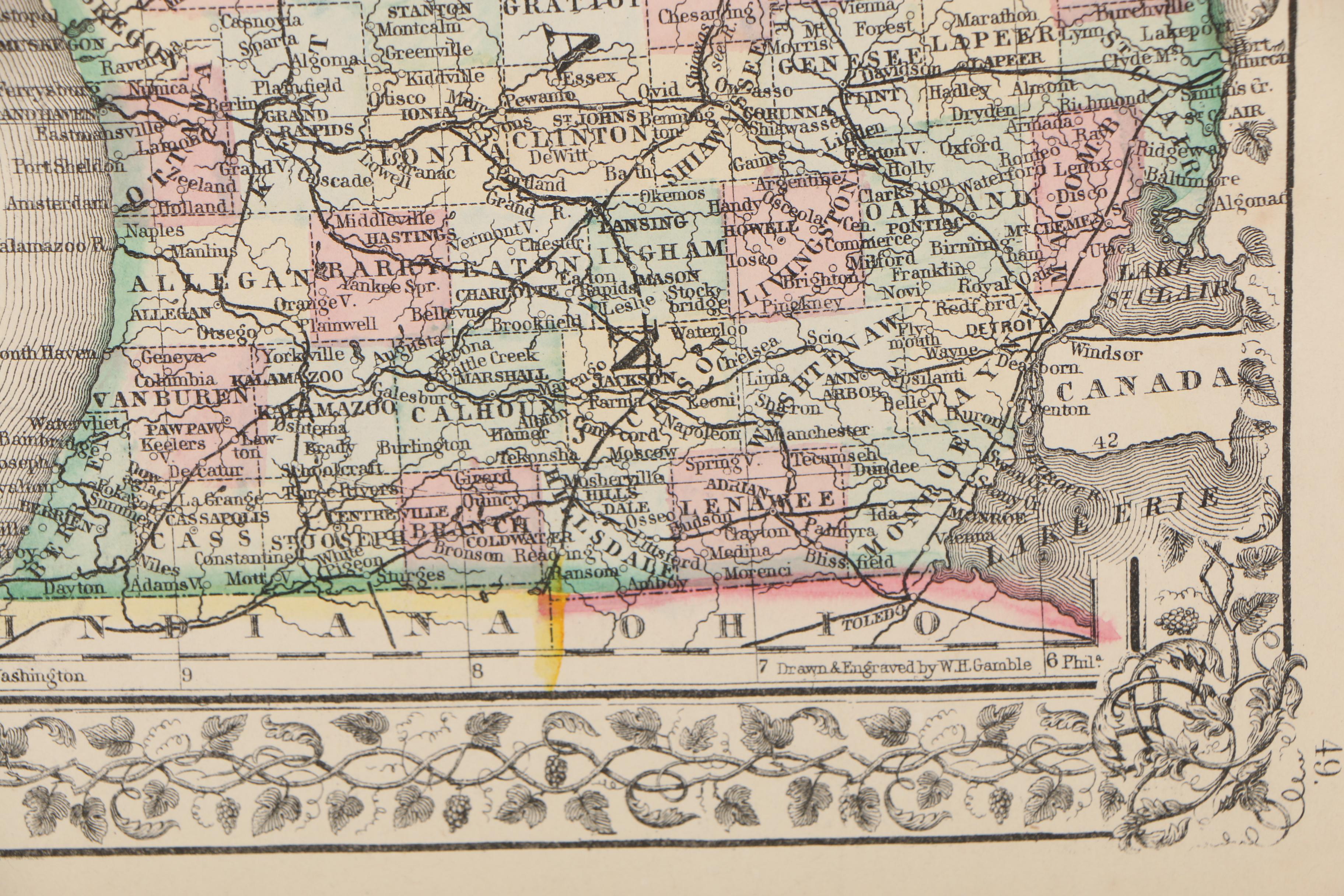 W.H. Gamble Hand-Colored County Map from "Mitchell's New General Atlas", 1870