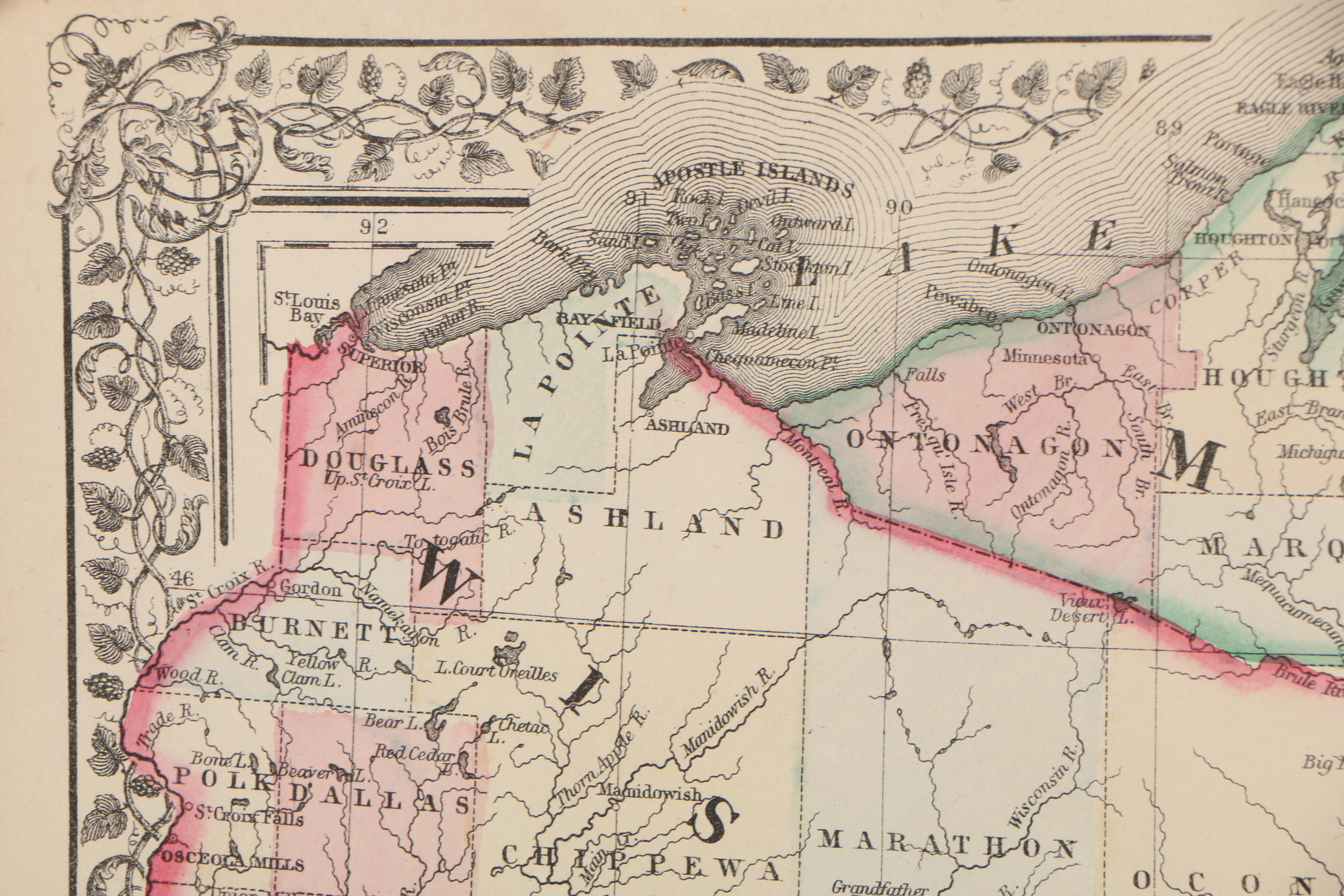 W.H. Gamble Hand-Colored County Map from "Mitchell's New General Atlas", 1870