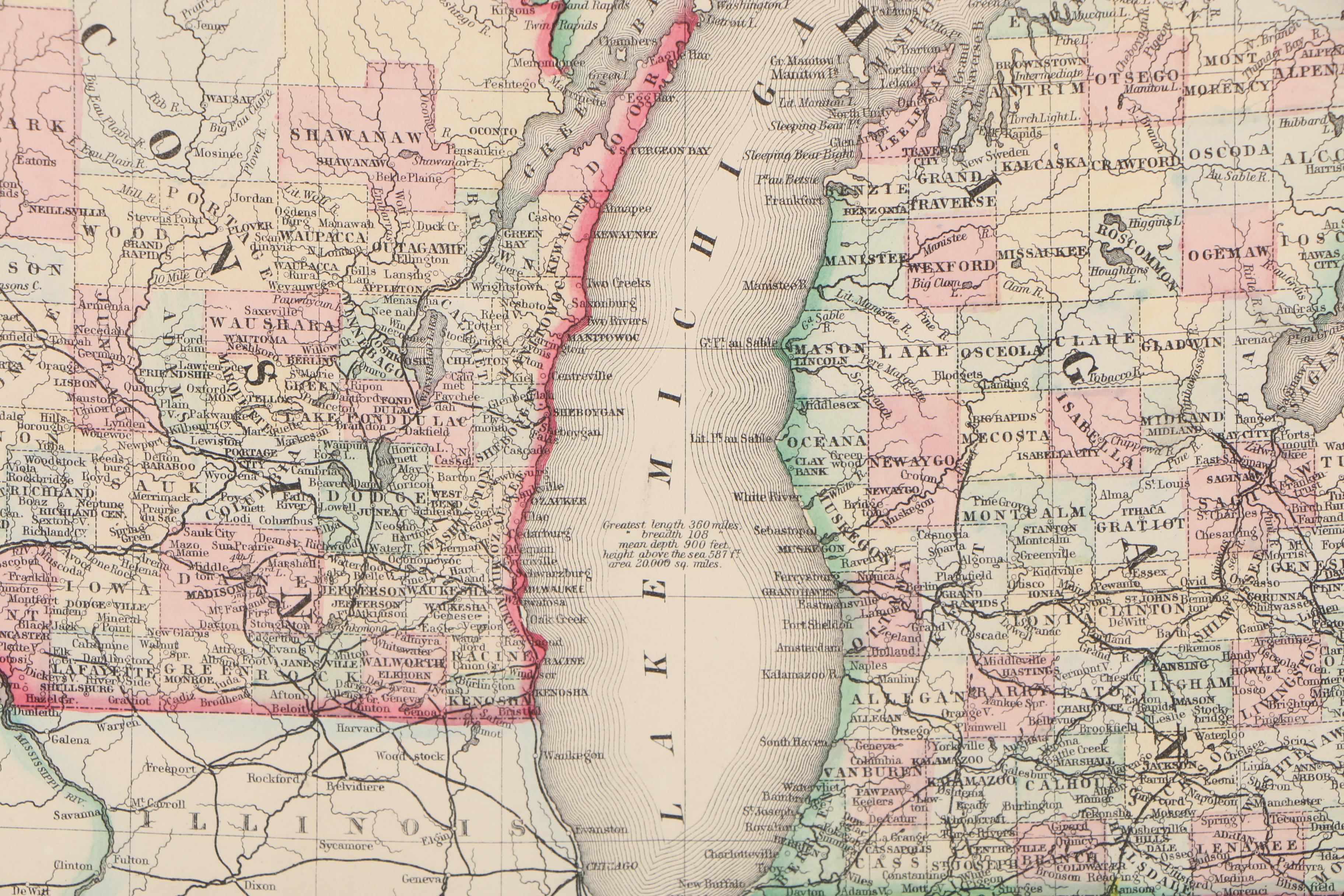 W.H. Gamble Hand-Colored County Map from "Mitchell's New General Atlas", 1870