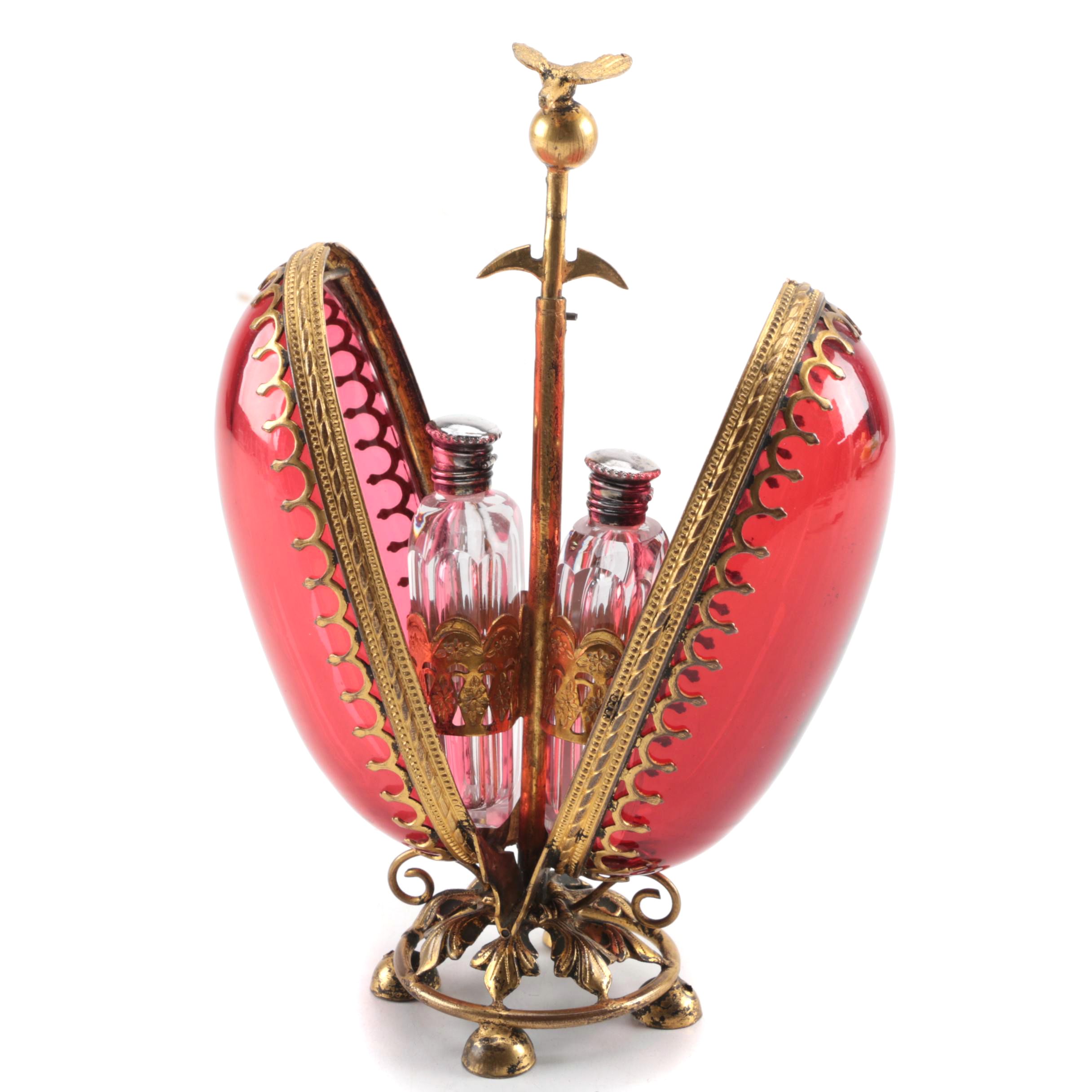 French Ruby Glass Perfume "Etui" in Egg Form, 19th Century